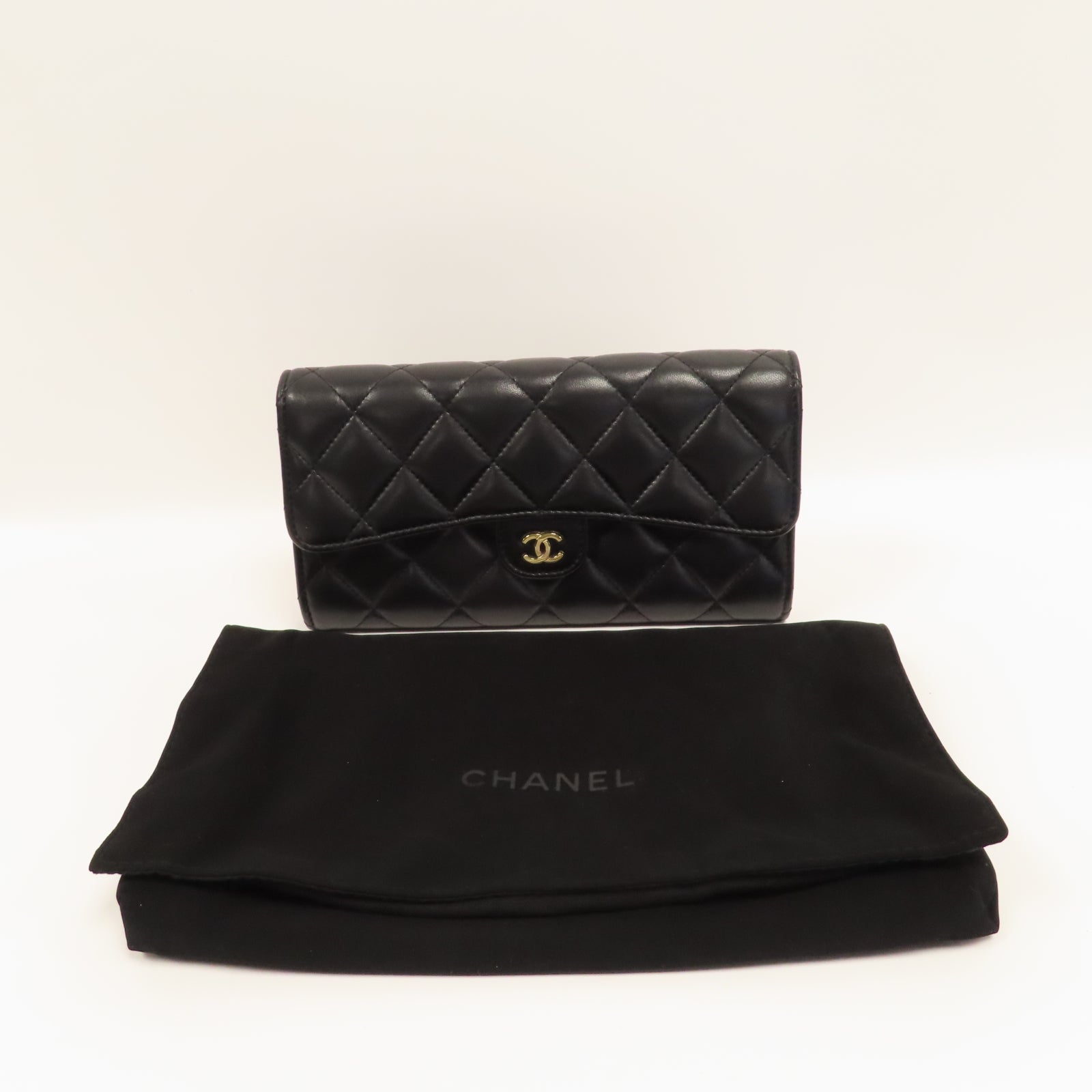 CHANEL 菱格羊皮皮革Long Wallet金扣長錢包黑色