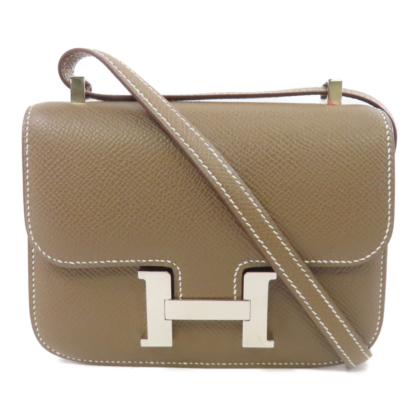 HERMES Epsom皮革Constance Mini銀扣肩背袋Etoupe/米灰色