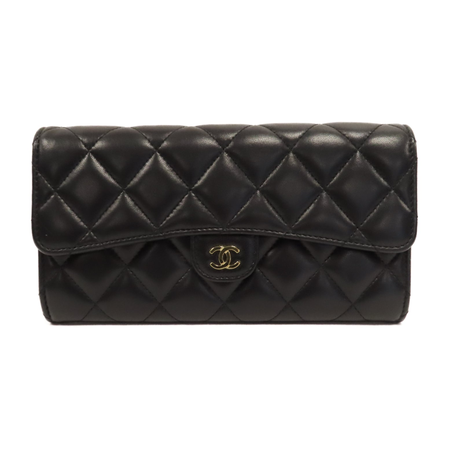 CHANEL 菱格羊皮皮革Long Wallet金扣長錢包黑色