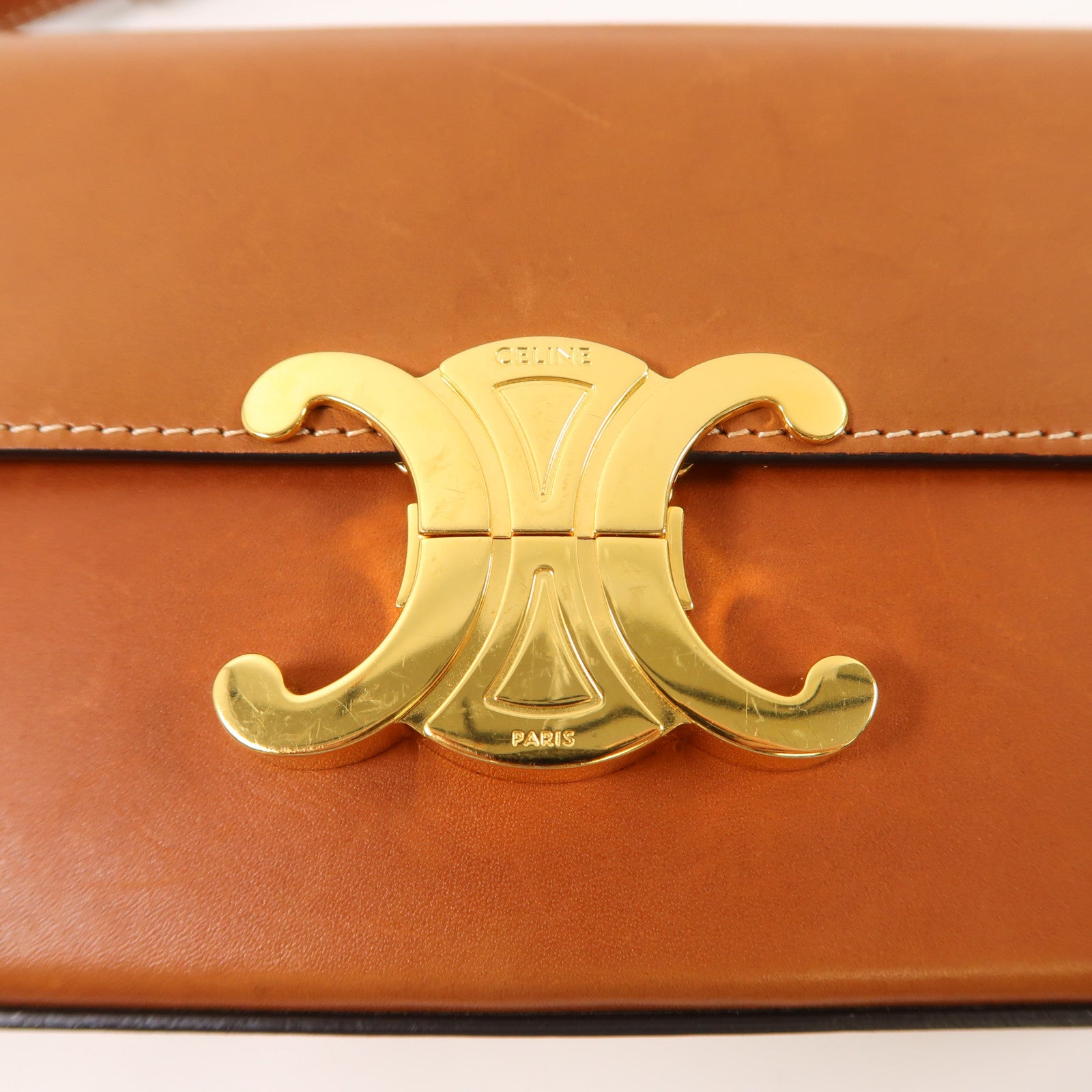 CELINE 牛皮皮革Shoulder Bag金扣肩背袋棕色