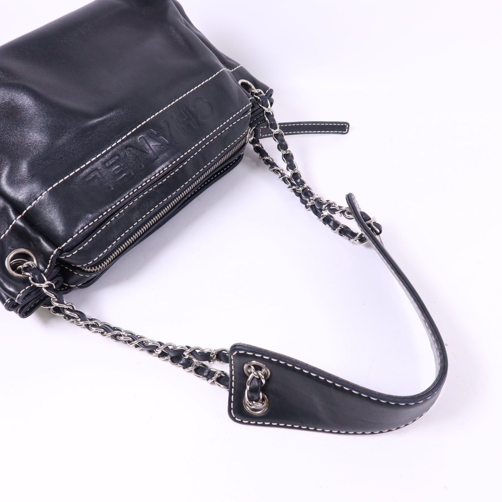 CHANEL 羊皮皮革Chain Shoulder Bag銀扣鏈帶肩背袋