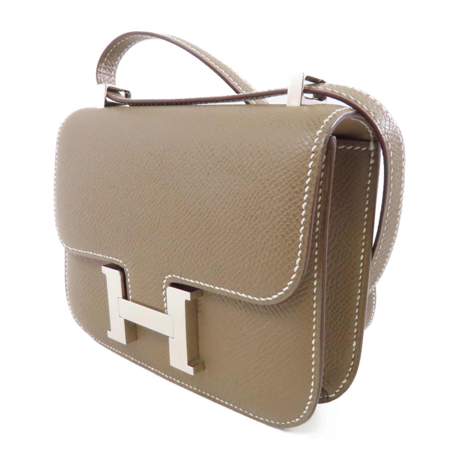 HERMES Epsom皮革Constance Mini銀扣肩背袋Etoupe/米灰色