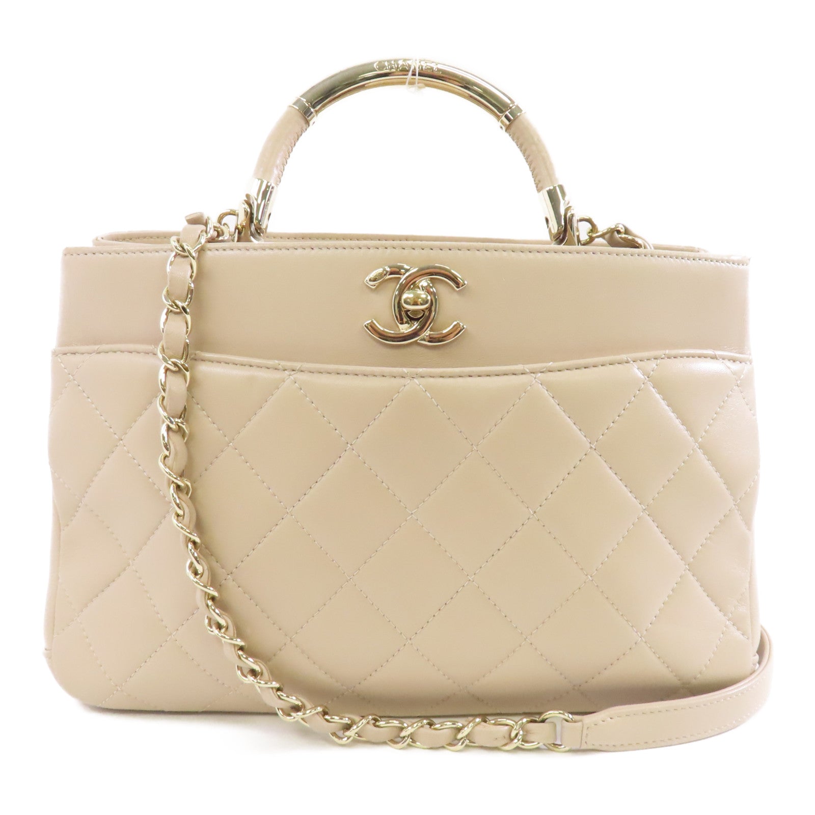 CHANEL 菱格皮革2 Way Shoulder金扣手挽肩背兩用袋米色
