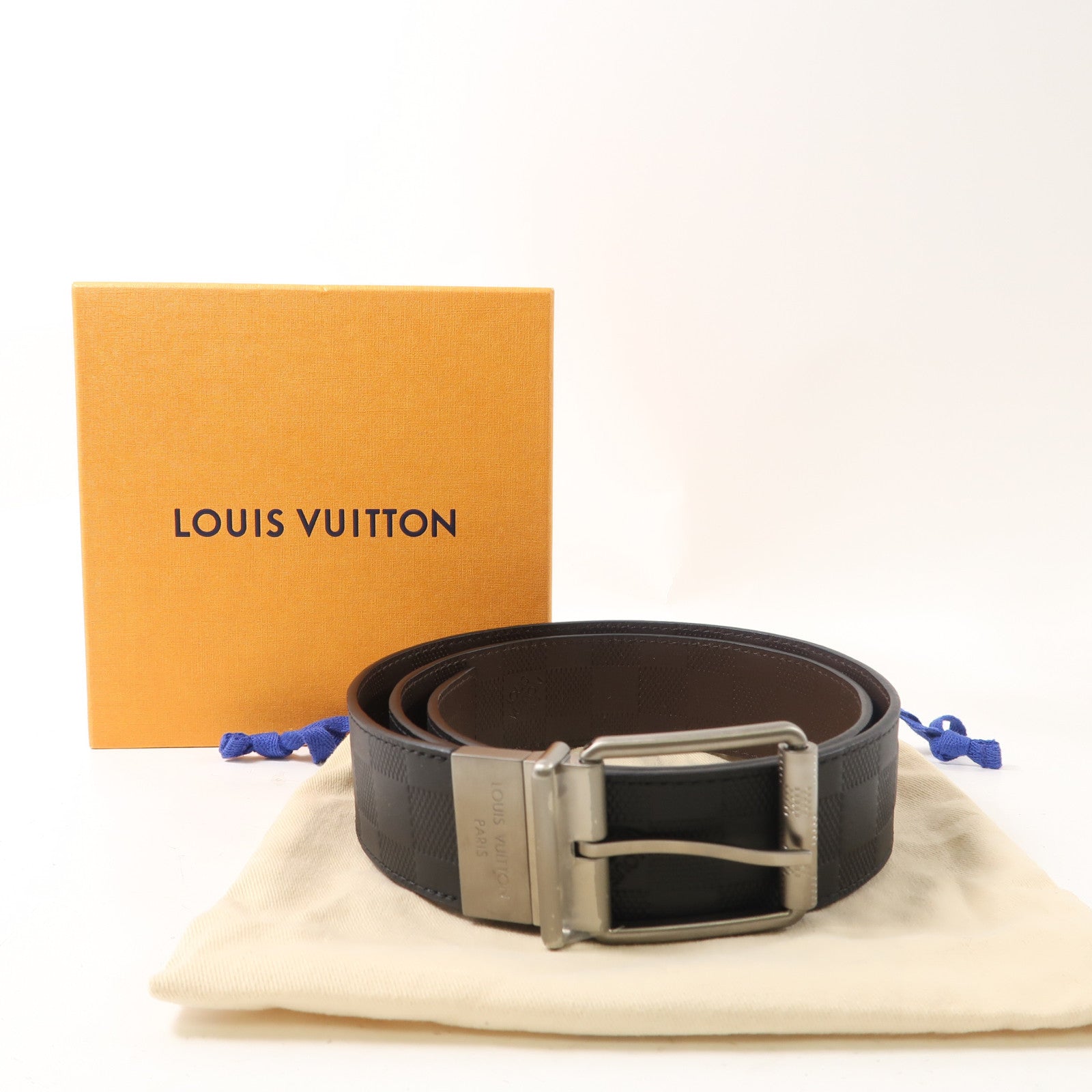 LOUIS VUITTON Damier Infini Damier Print Reversible銀扣皮帶黑色
