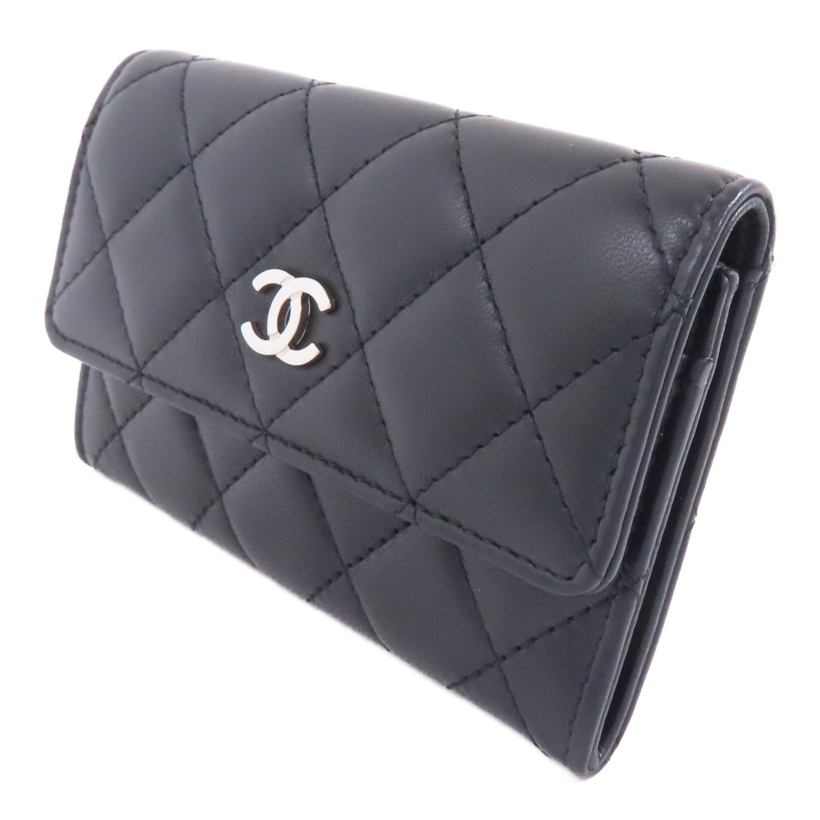 CHANEL 菱格羊皮皮革Card Case銀扣卡片套黑色
