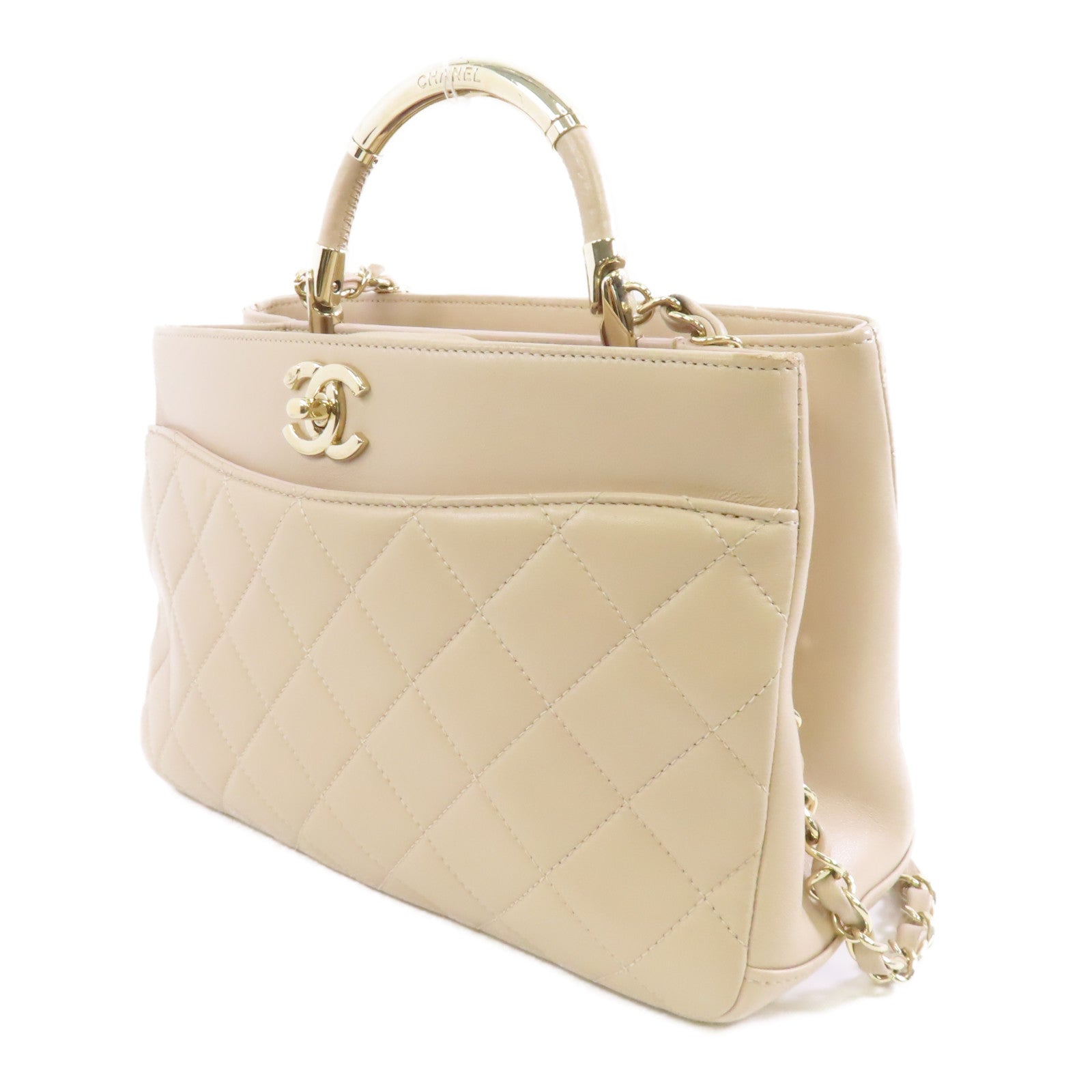 CHANEL 菱格皮革2 Way Shoulder金扣手挽肩背兩用袋米色