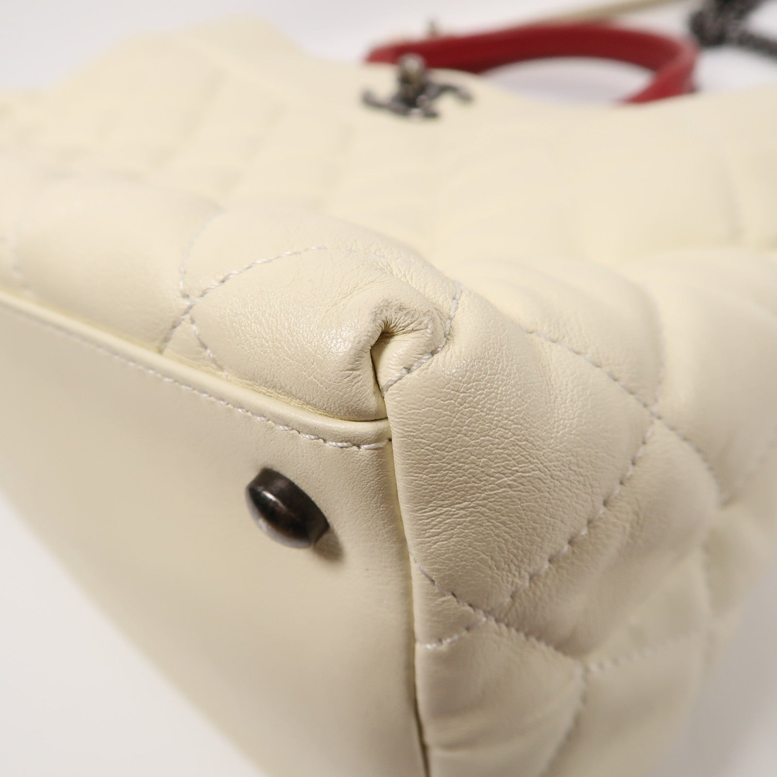 CHANEL 菱格牛皮皮革Chain Shoulder Bag銀扣手挽肩背兩用袋白色