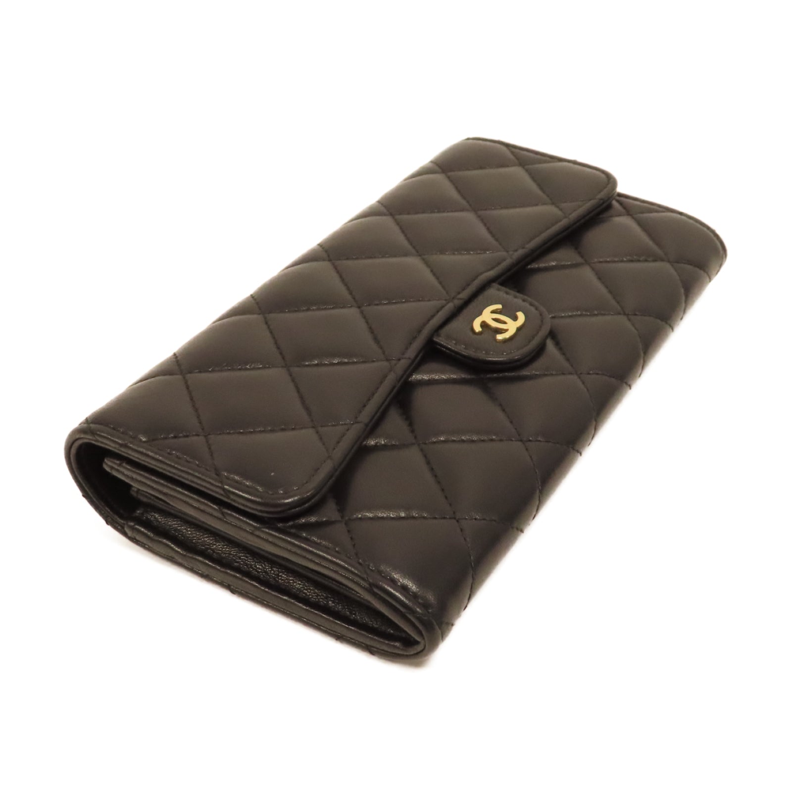 CHANEL 菱格羊皮皮革Long Wallet金扣長錢包黑色