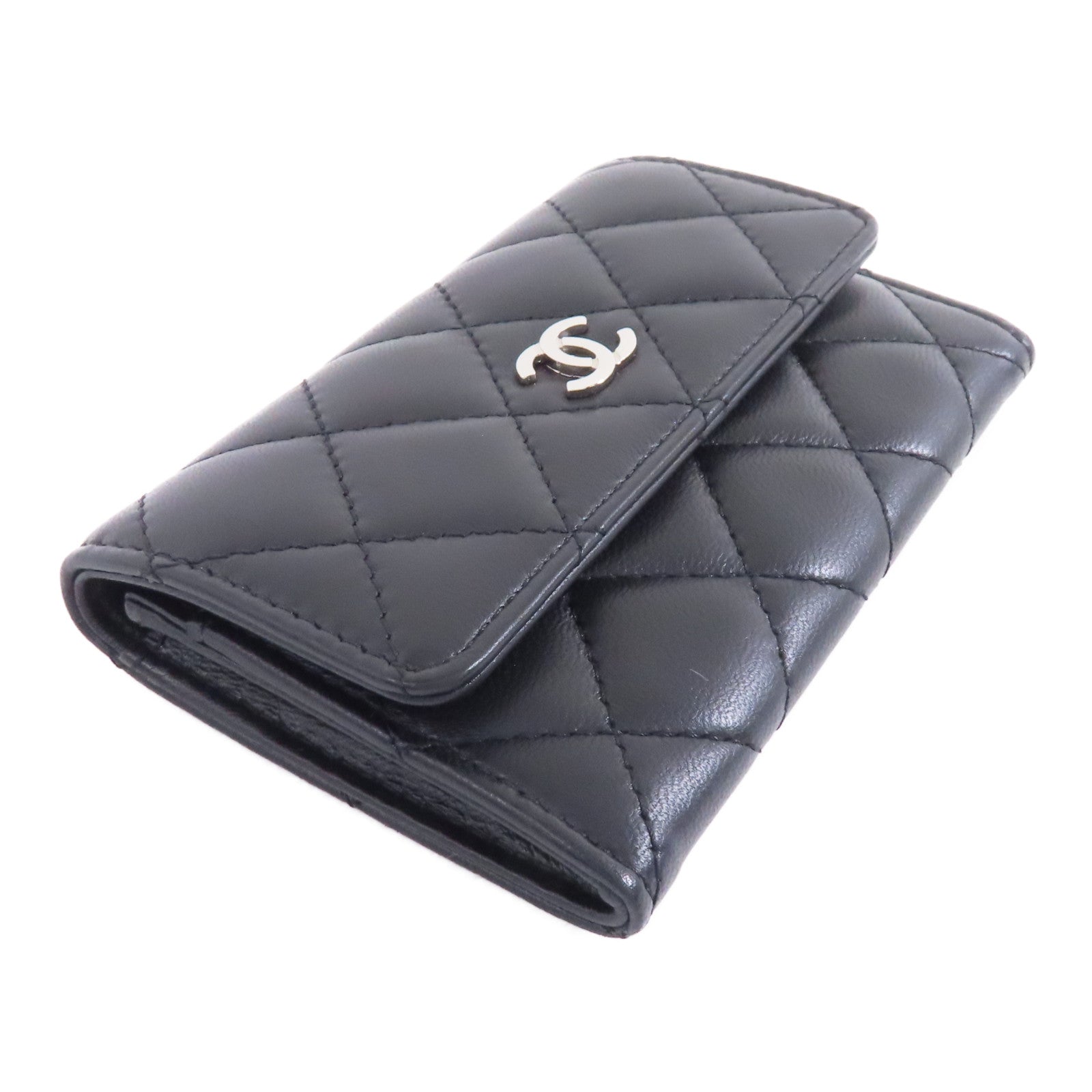 CHANEL 菱格羊皮皮革Card Case銀扣卡片套黑色