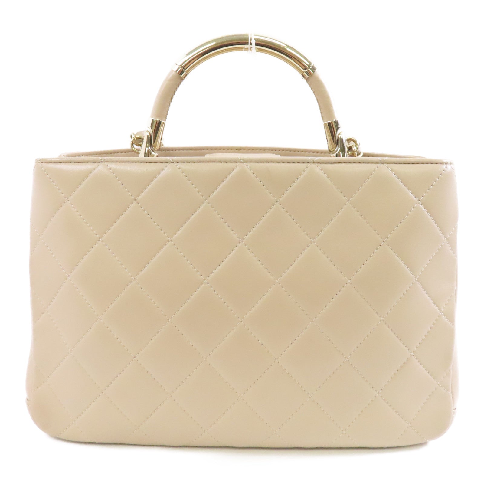 CHANEL 菱格皮革2 Way Shoulder金扣手挽肩背兩用袋米色