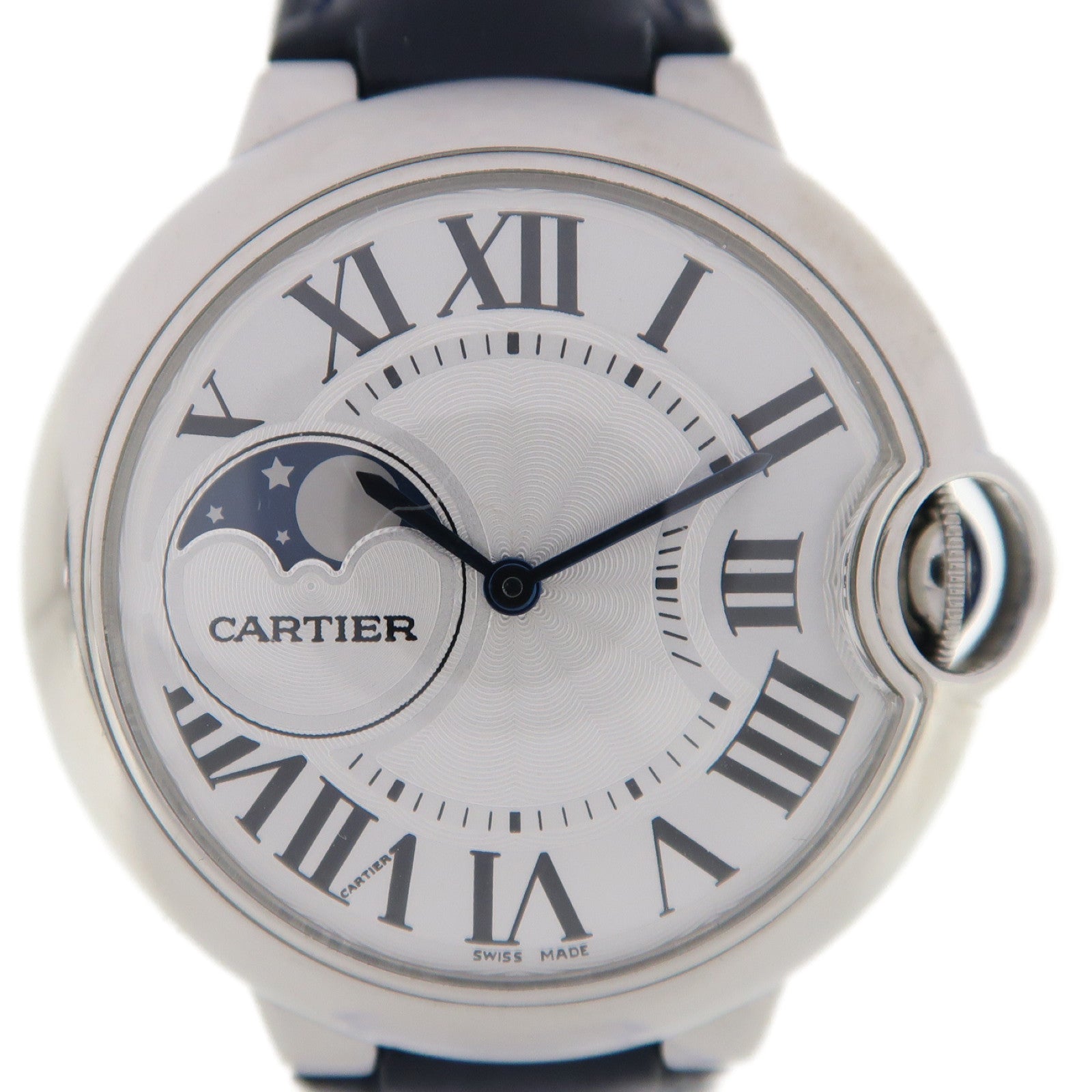 CARTIER Ballon Bleu Moonphase不鏽鋼/皮革帶手錶自動機芯白色