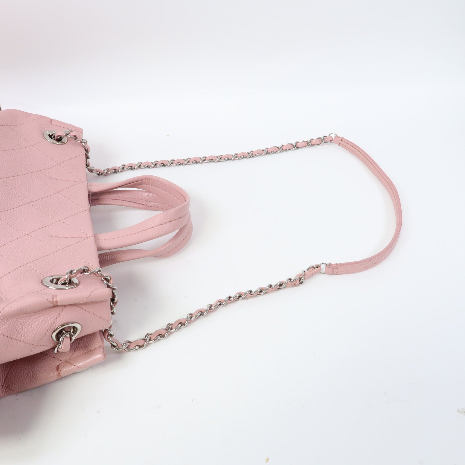 CHANEL 菱格Caviar皮革Shoulder Bag銀扣手挽肩背兩用袋粉紅色