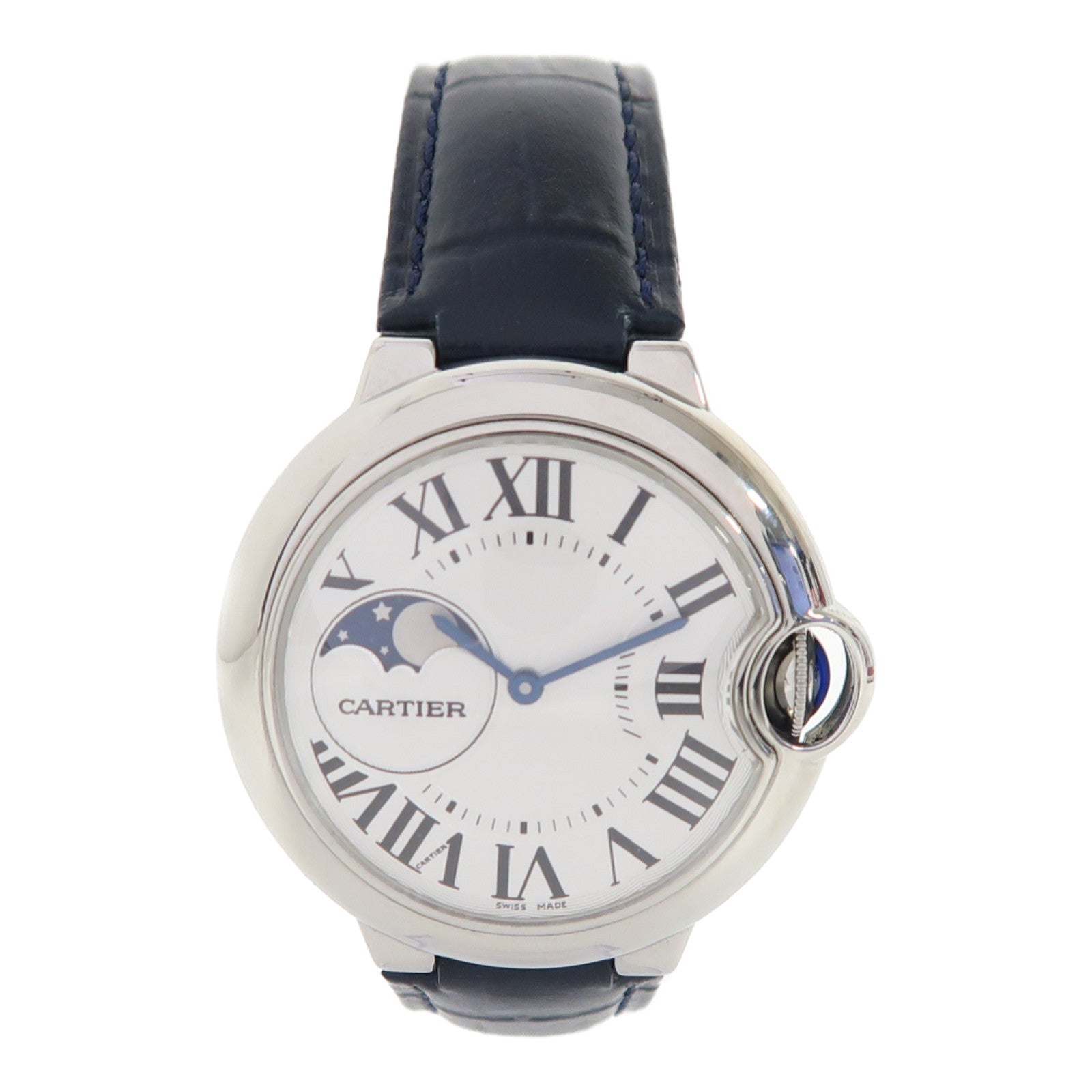 CARTIER Ballon Bleu Moonphase不鏽鋼/皮革帶手錶自動機芯白色
