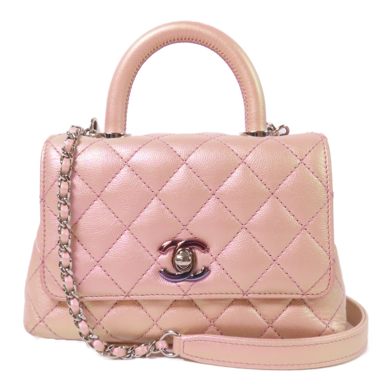 CHANEL 菱格Caviar皮革Mini Coco Handle銀扣鏈帶手挽肩背兩用袋粉紅色