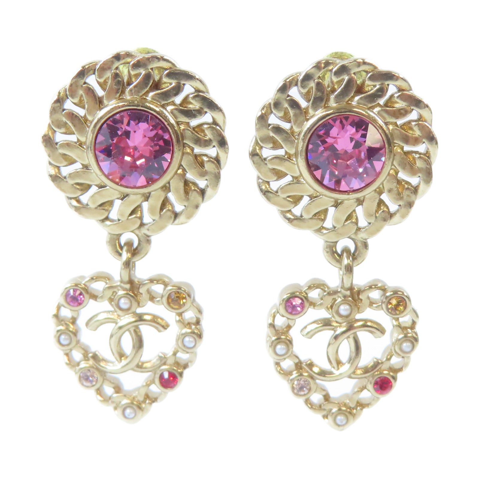CHANEL 金屬Heart Earrings耳環金色/粉紅色