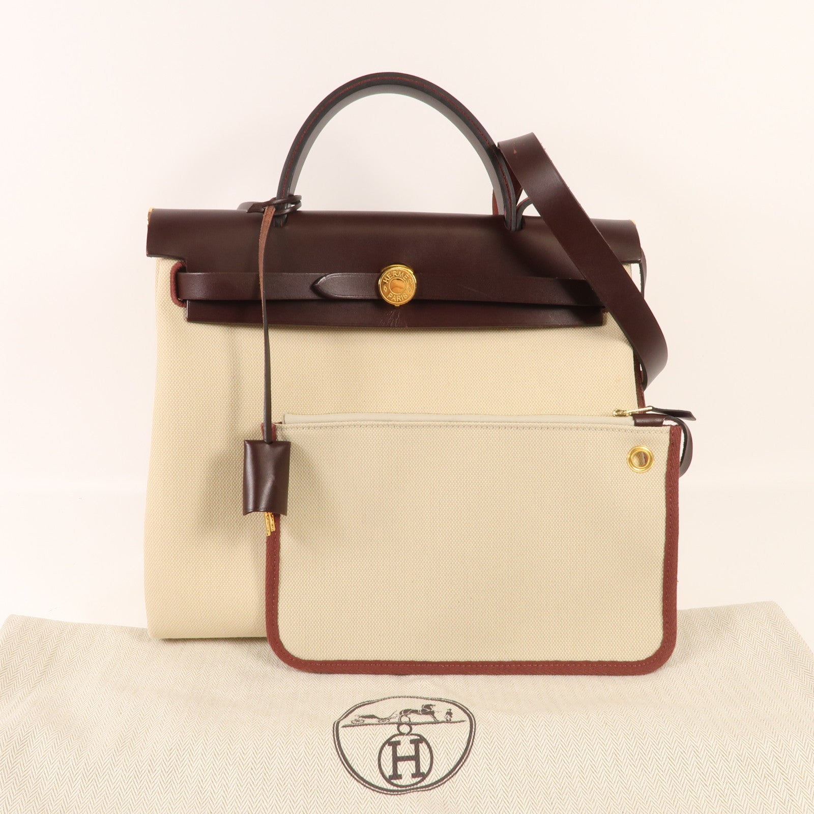 HERMES 帆布Herbag PM金扣肩背袋Beton/Rouge Sellier