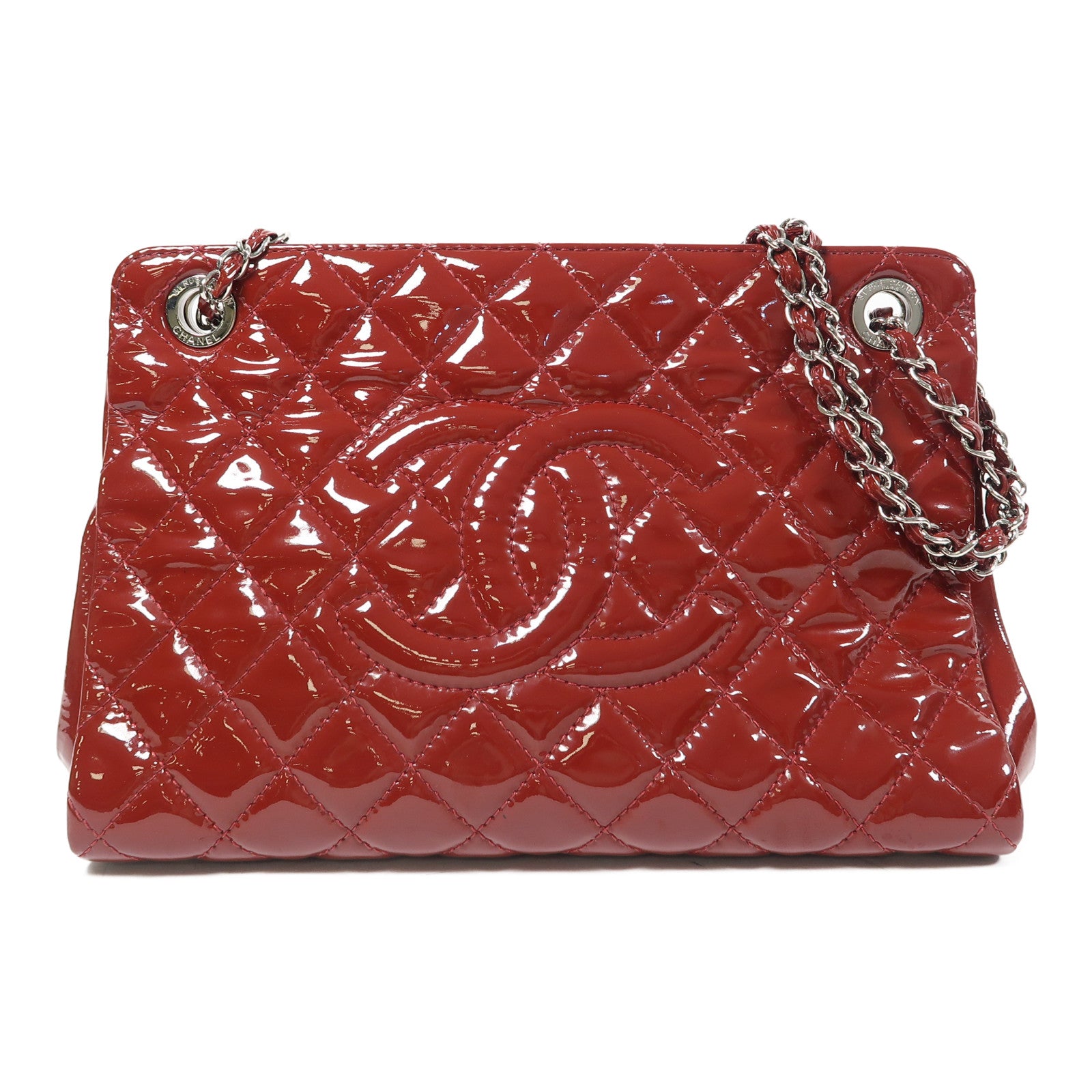 CHANEL 【激減優惠】菱格漆皮皮革Shoulder Bag銀扣鏈帶肩背袋紅色