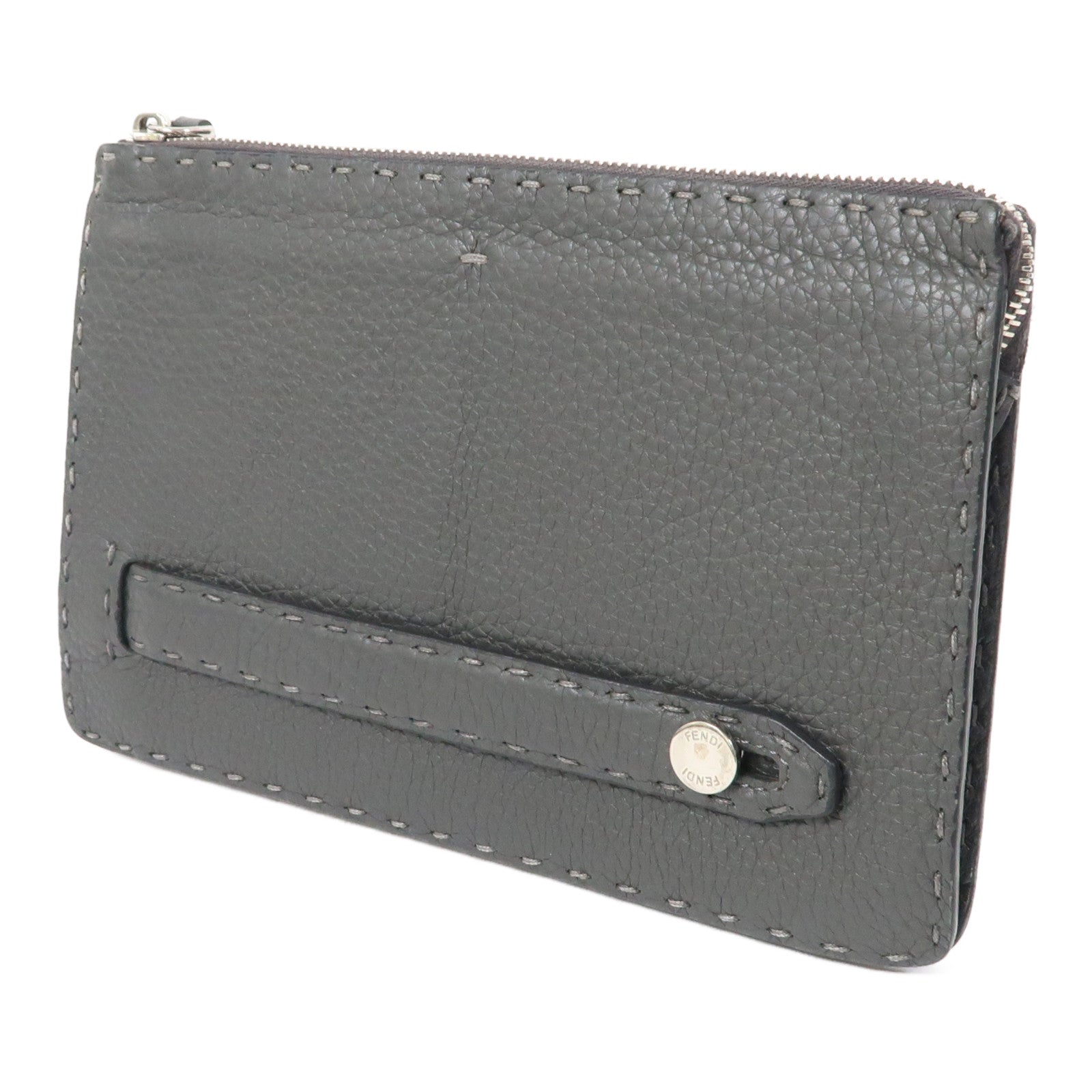 FENDI 皮革Pouch Wallet銀扣手拿包灰色