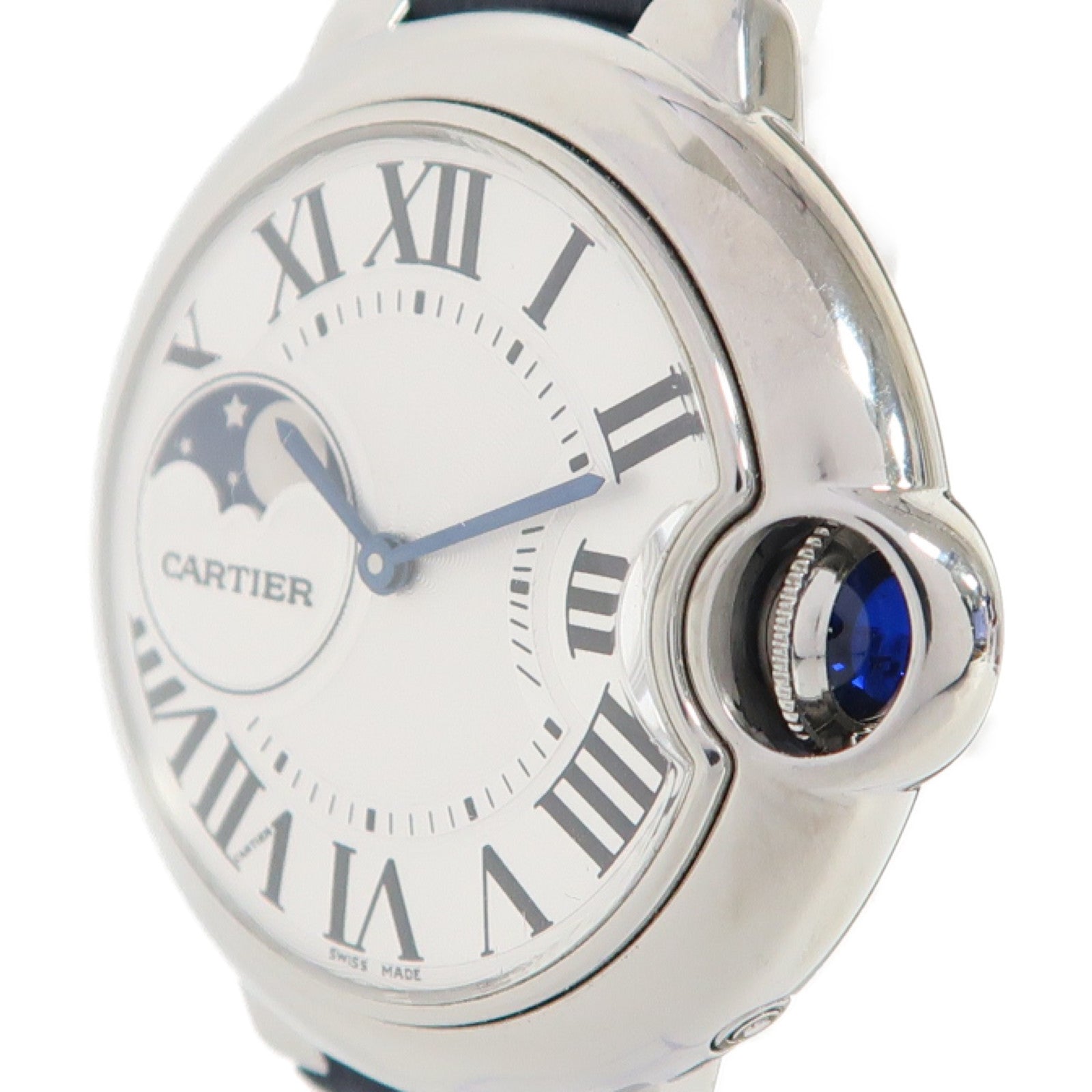 CARTIER Ballon Bleu Moonphase不鏽鋼/皮革帶手錶自動機芯白色