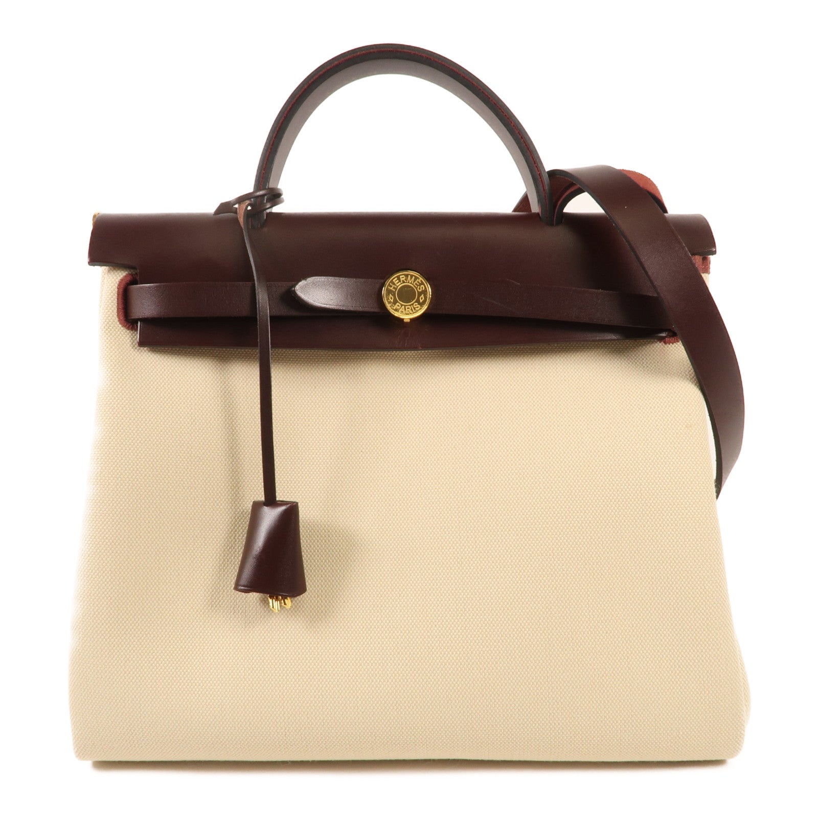 HERMES 帆布Herbag PM金扣肩背袋Beton/Rouge Sellier