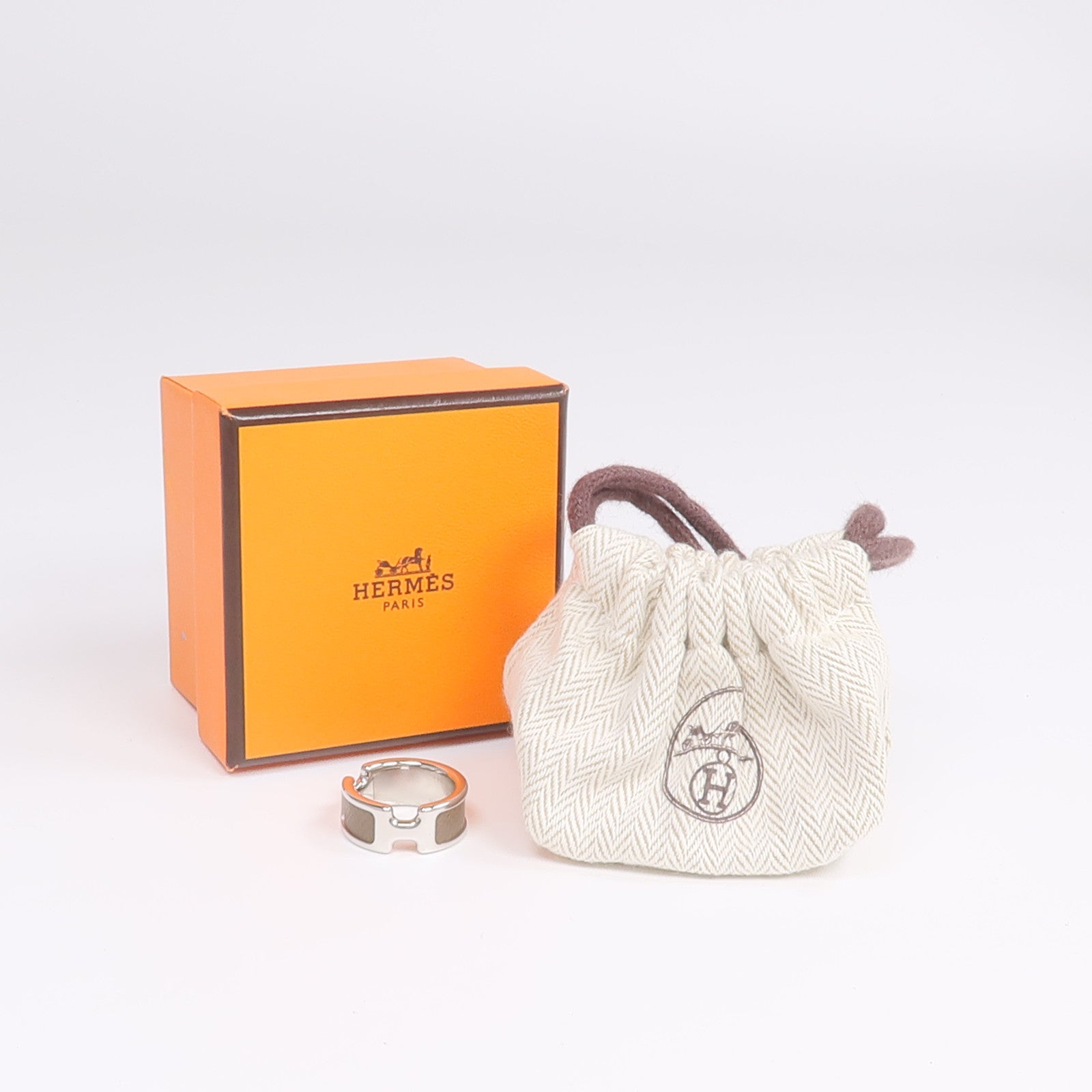 HERMES Madame皮革/金屬Olympe Ring戒指Etoupe US#6.5