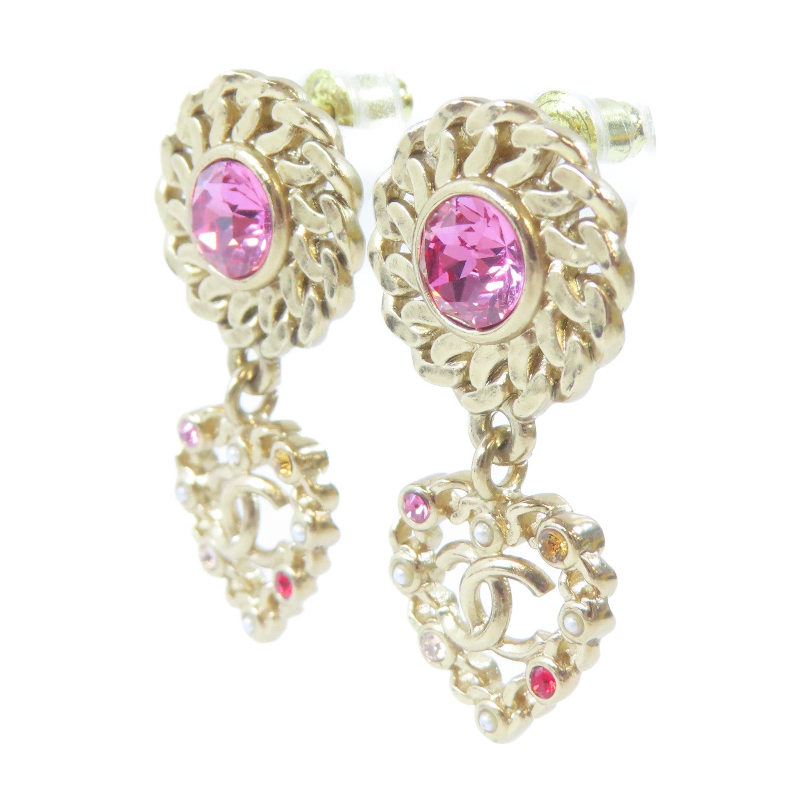 CHANEL 金屬Heart Earrings耳環金色/粉紅色