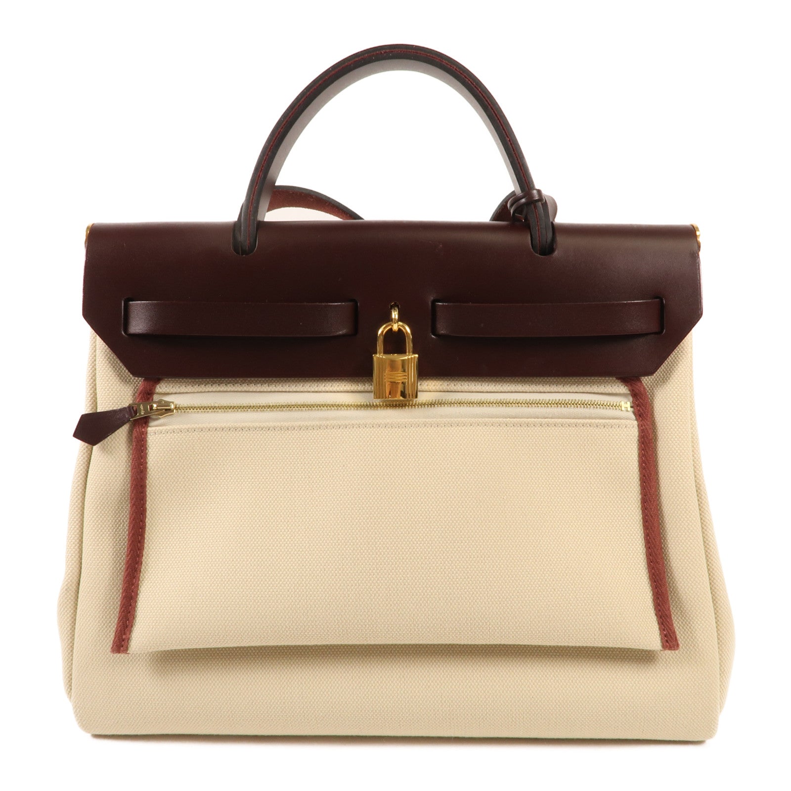 HERMES 帆布Herbag PM金扣肩背袋Beton/Rouge Sellier