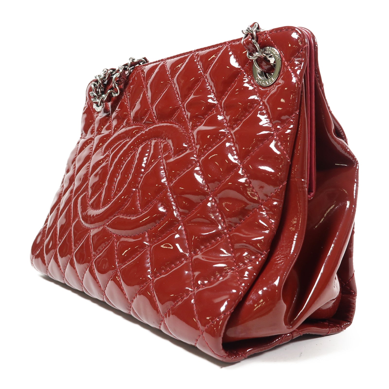 CHANEL 【激減優惠】菱格漆皮皮革Shoulder Bag銀扣鏈帶肩背袋紅色