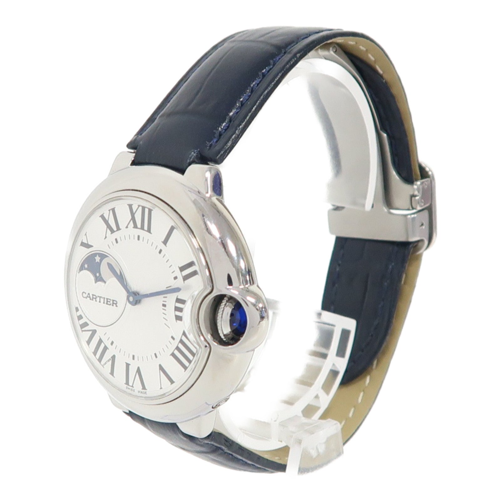 CARTIER Ballon Bleu Moonphase不鏽鋼/皮革帶手錶自動機芯白色