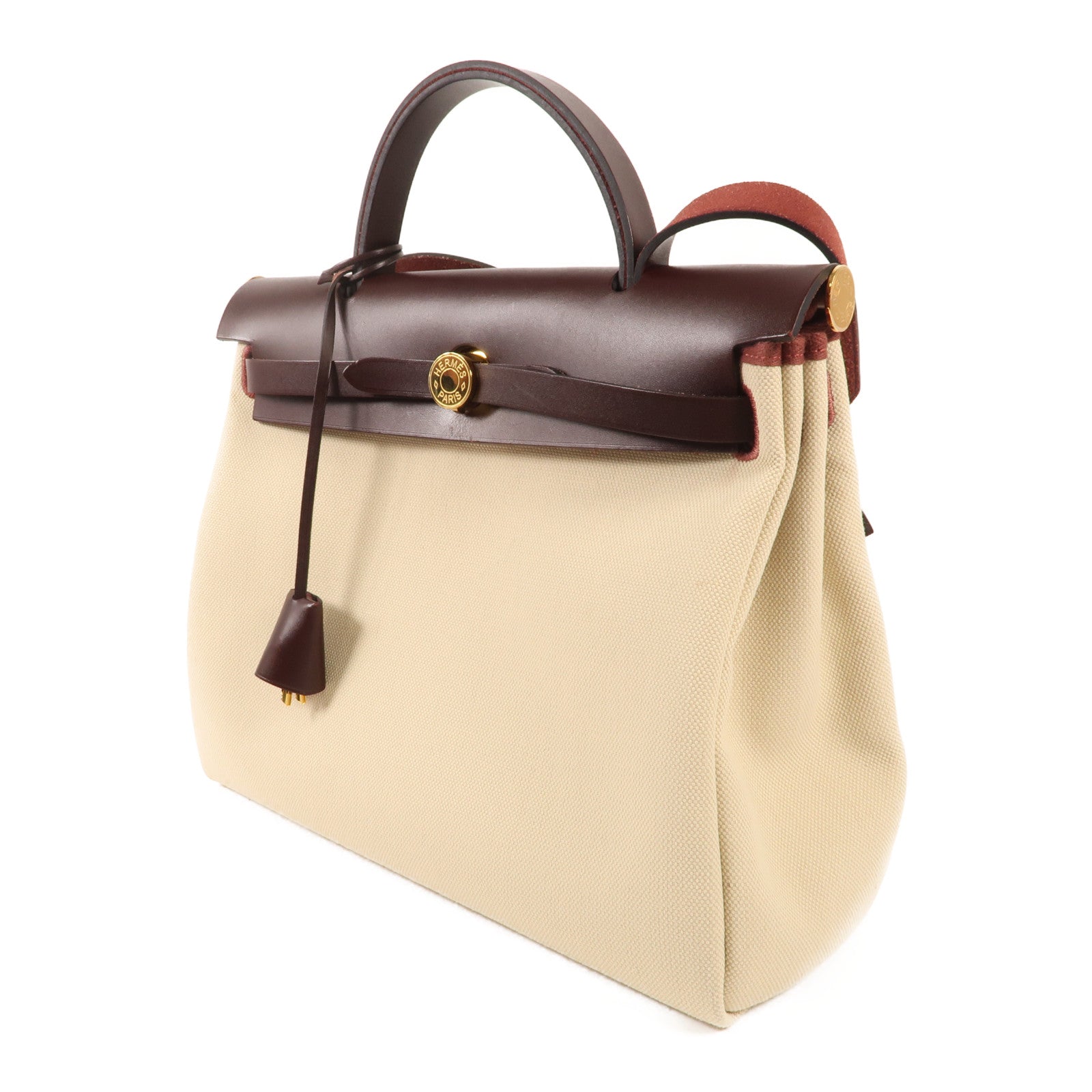HERMES 帆布Herbag PM金扣肩背袋Beton/Rouge Sellier