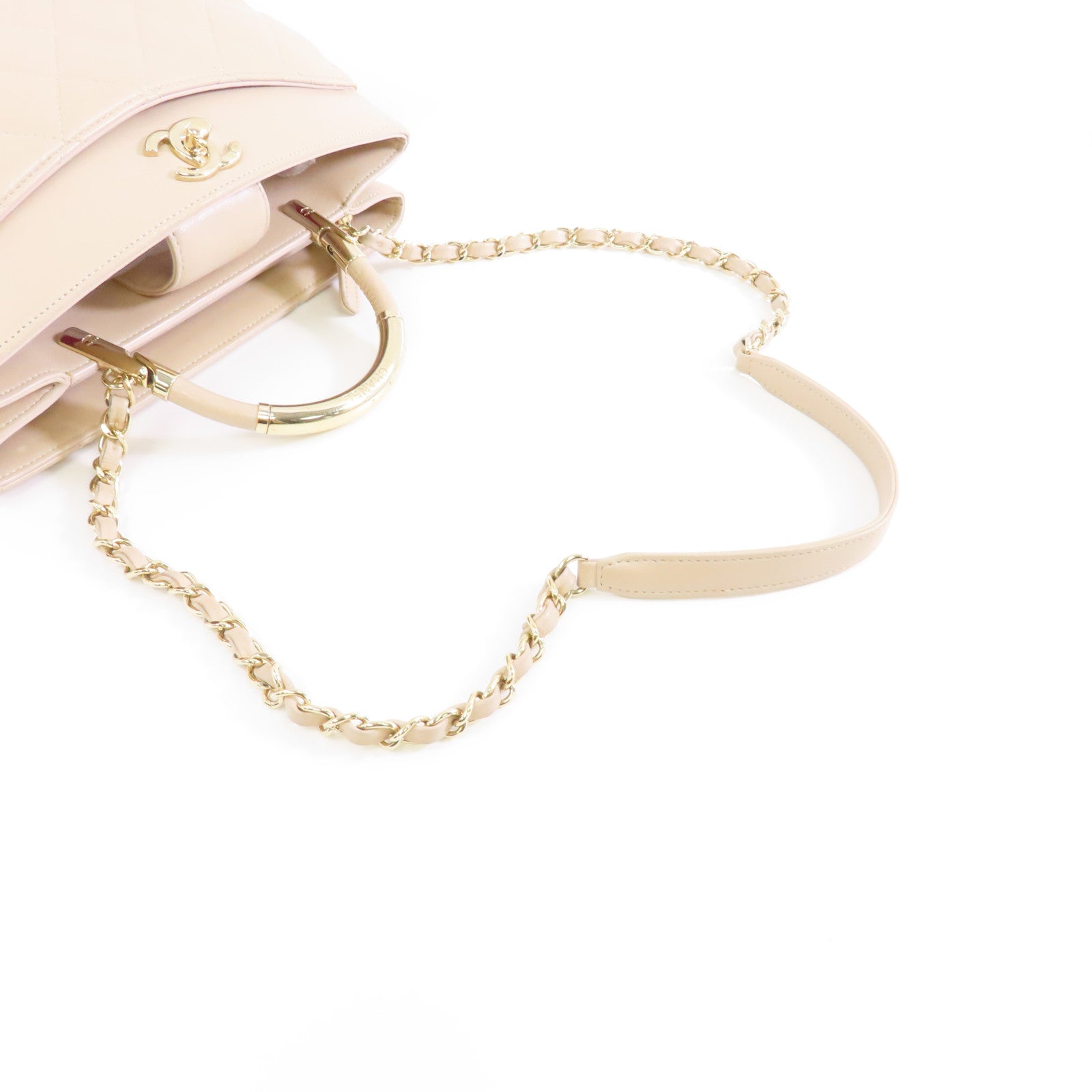 CHANEL 菱格皮革2 Way Shoulder金扣手挽肩背兩用袋米色