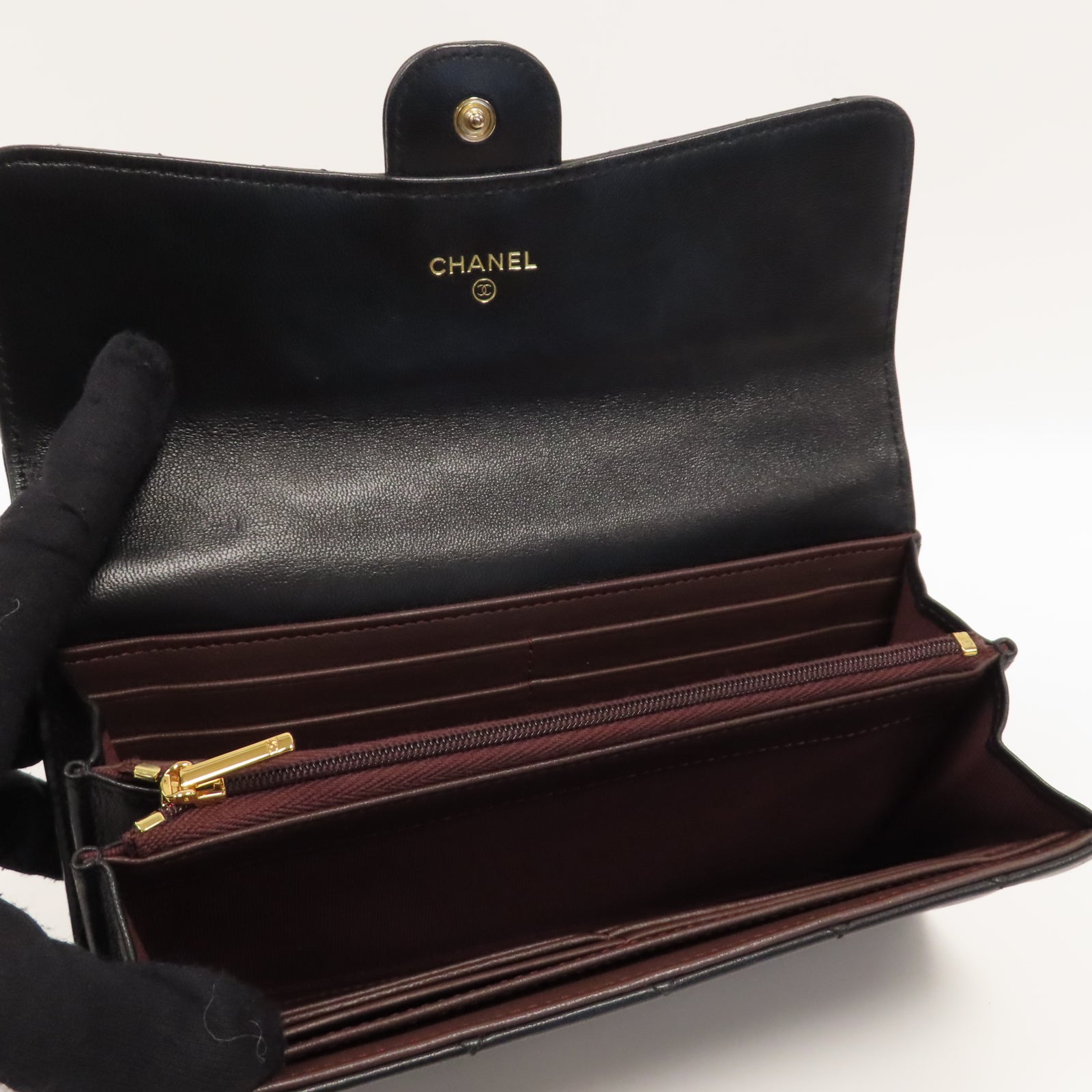 CHANEL 菱格羊皮皮革Long Wallet金扣長錢包黑色