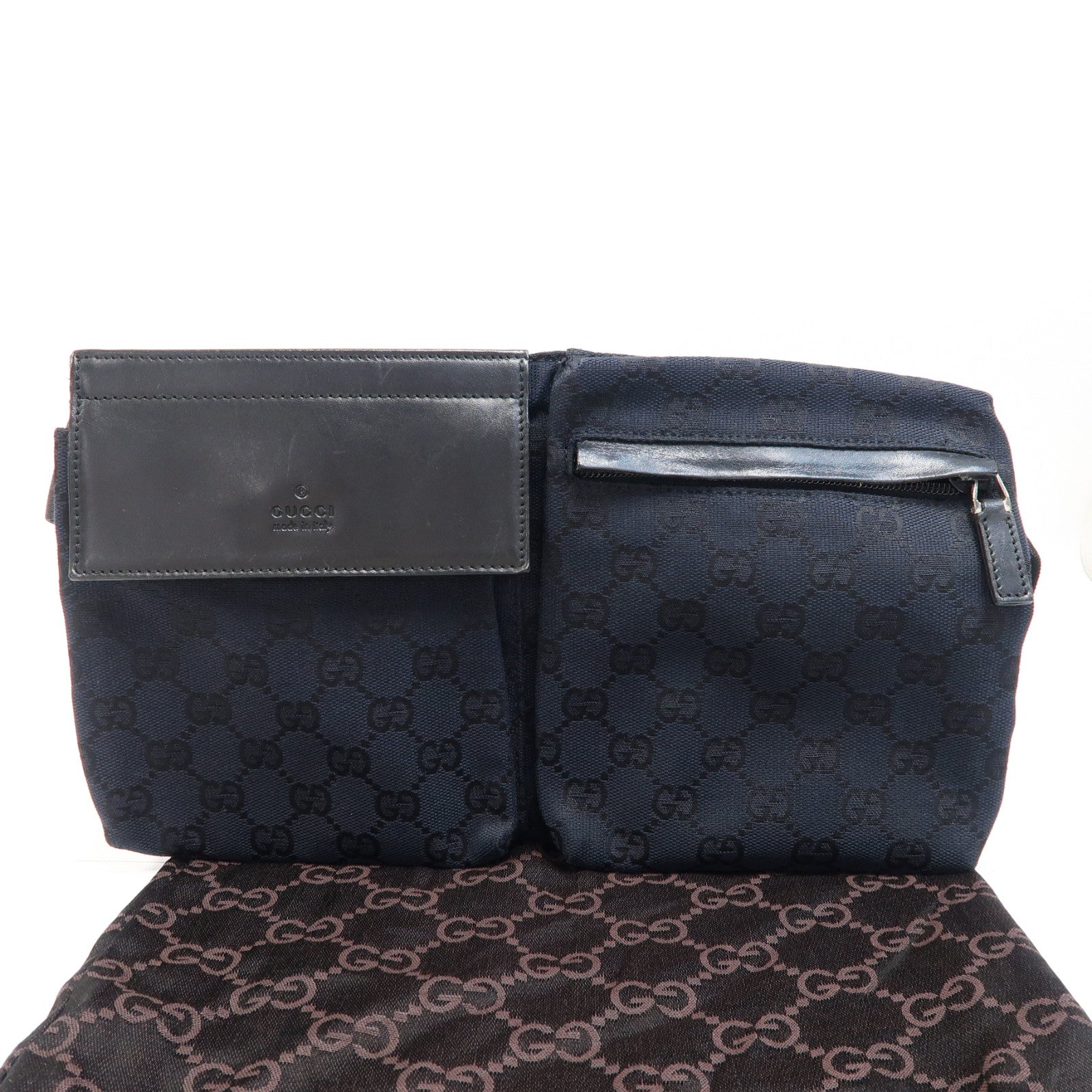 GUCCI 帆布/皮革Waist Bag銀扣腰包深藍色/黑色
