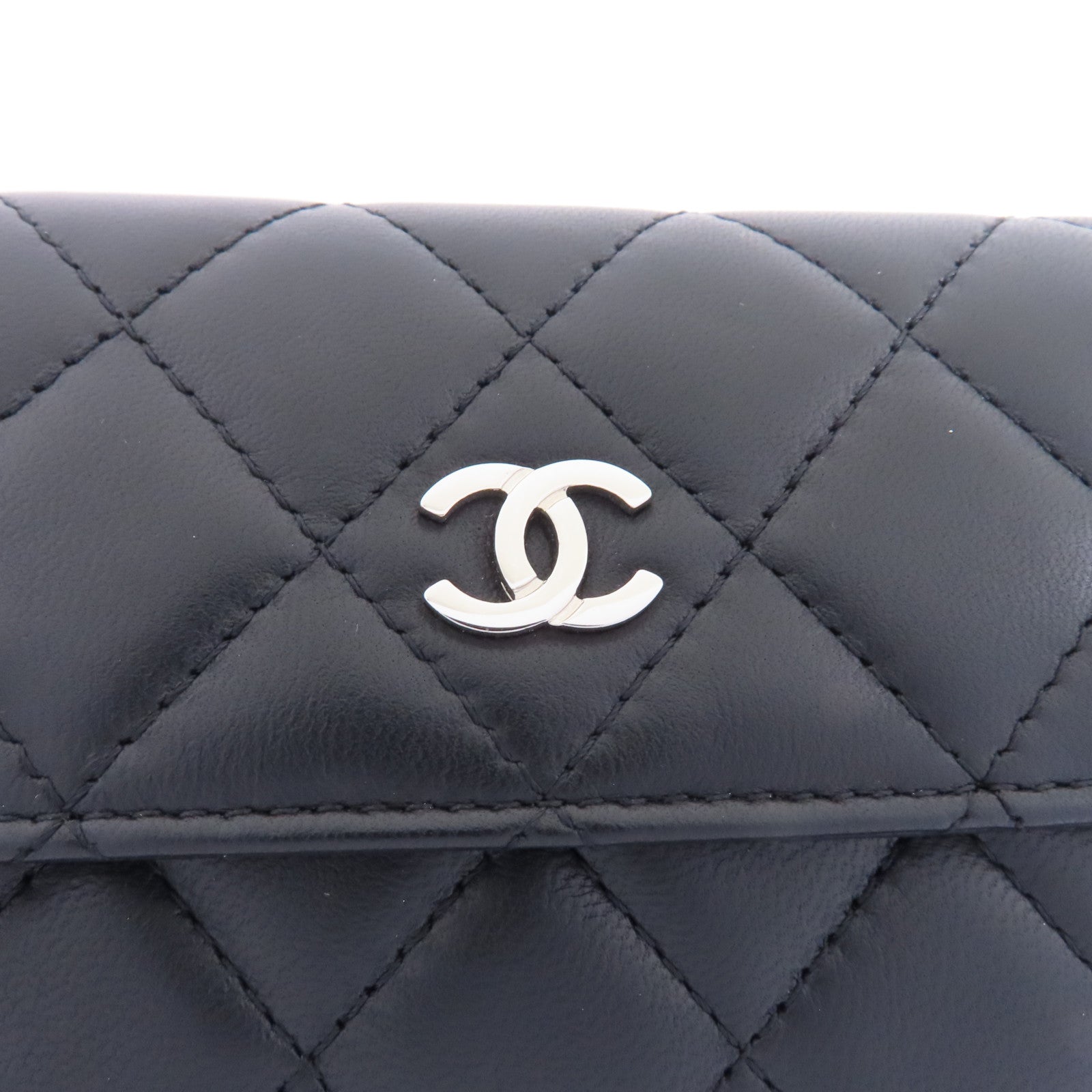 CHANEL 菱格羊皮皮革Card Case銀扣卡片套黑色