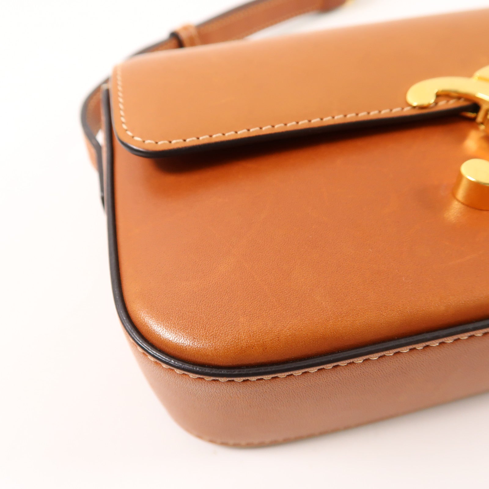 CELINE 牛皮皮革Shoulder Bag金扣肩背袋棕色