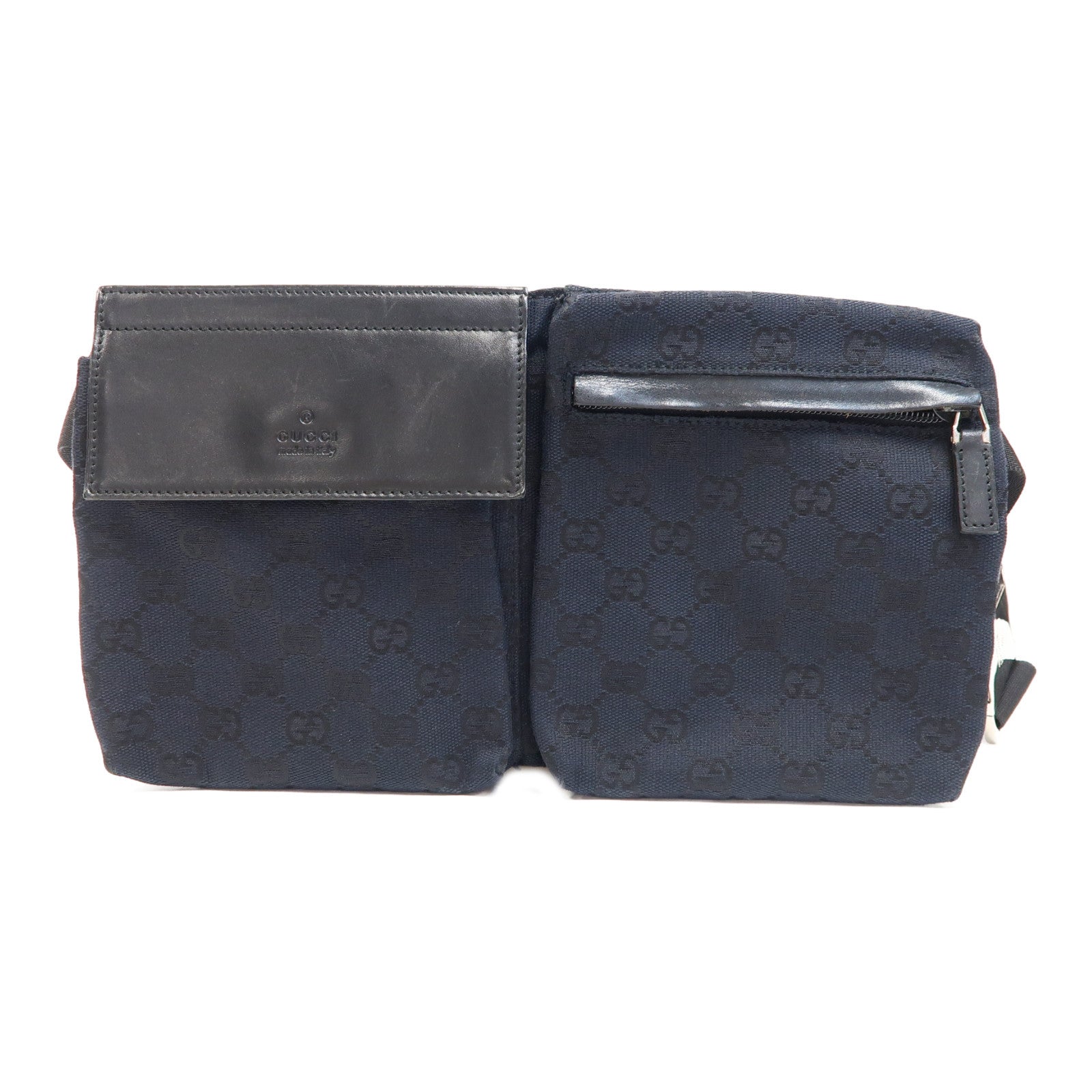 GUCCI 帆布/皮革Waist Bag銀扣腰包深藍色/黑色