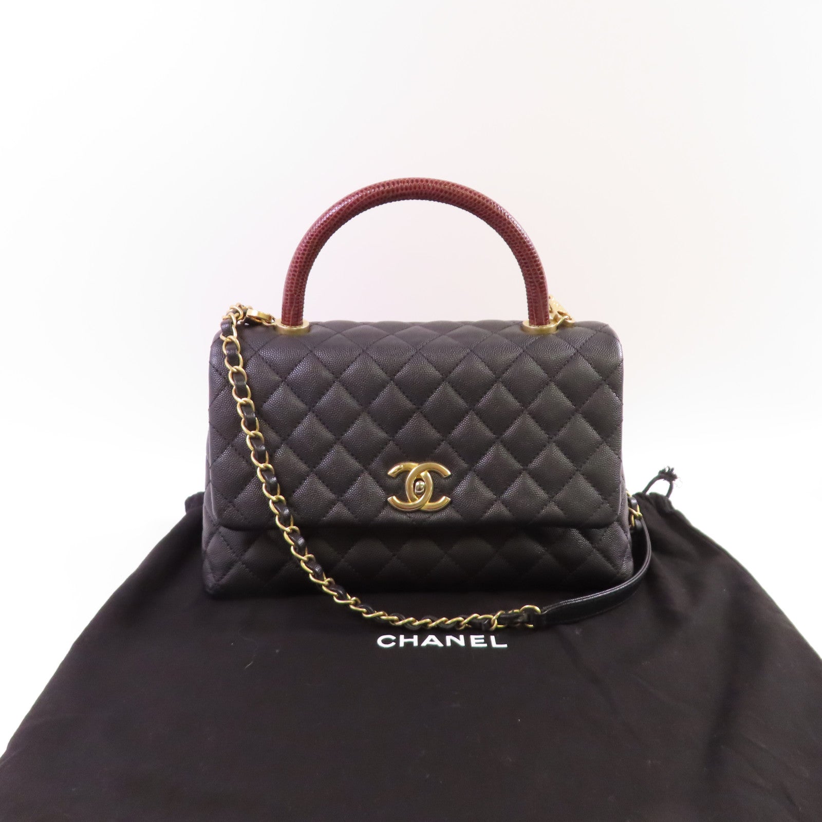 CHANEL 牛皮皮革Coco Handle Medium Chain 2Way Shoulder Bag金扣鏈帶手挽肩背兩用袋