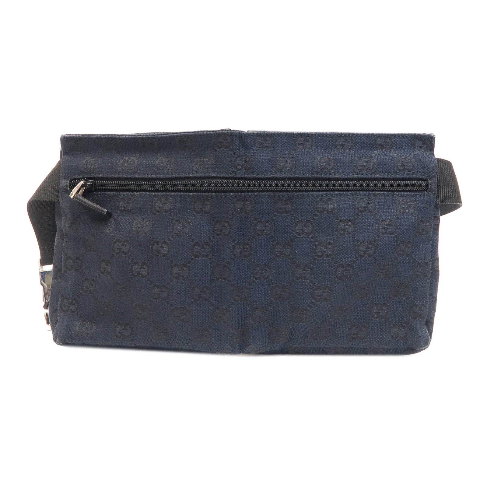 GUCCI 帆布/皮革Waist Bag銀扣腰包深藍色/黑色