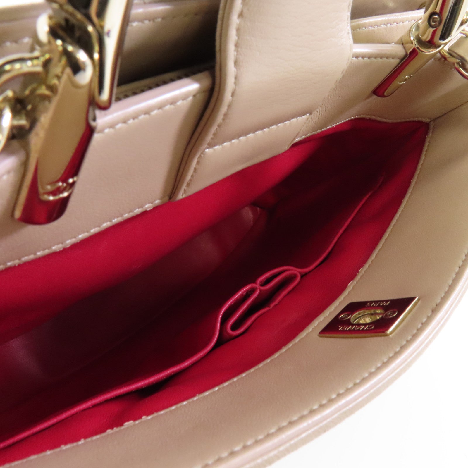 CHANEL 菱格皮革2 Way Shoulder金扣手挽肩背兩用袋米色