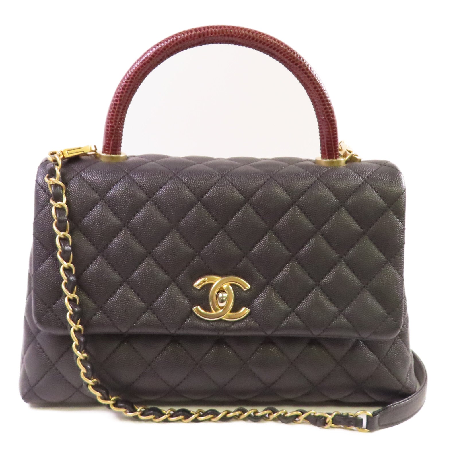CHANEL 牛皮皮革Coco Handle Medium Chain 2Way Shoulder Bag金扣鏈帶手挽肩背兩用袋