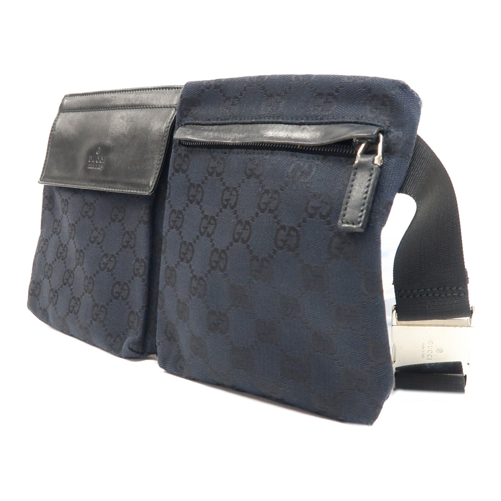 GUCCI 帆布/皮革Waist Bag銀扣腰包深藍色/黑色