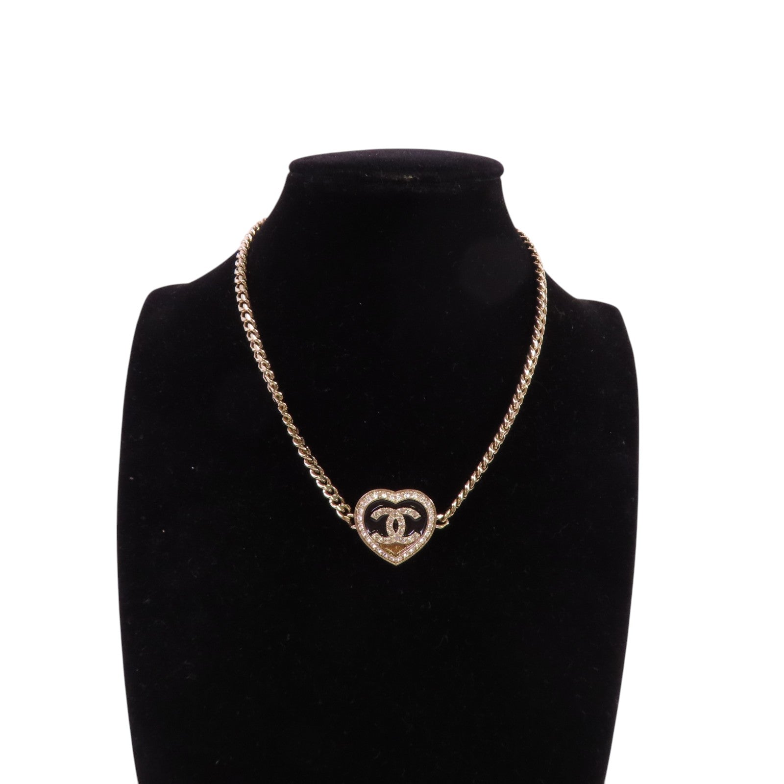 CHANEL 金屬/水鑽Heart Necklace金扣項鏈