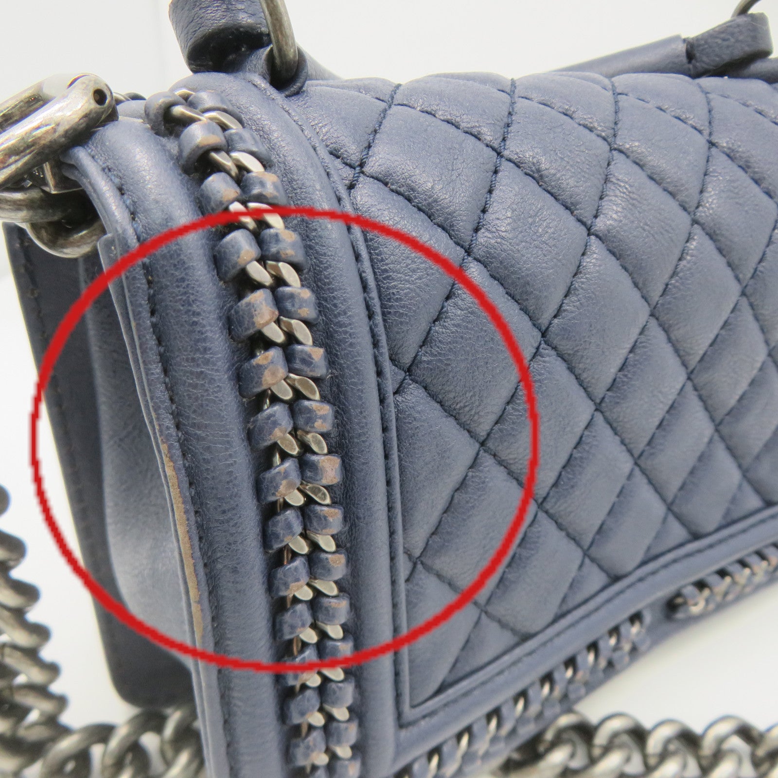 CHANEL Rhombus Leather Boy Chanel Chain Shoulder Bag Silver Buckle Chain Belt Handle Shoulder Bag Blue