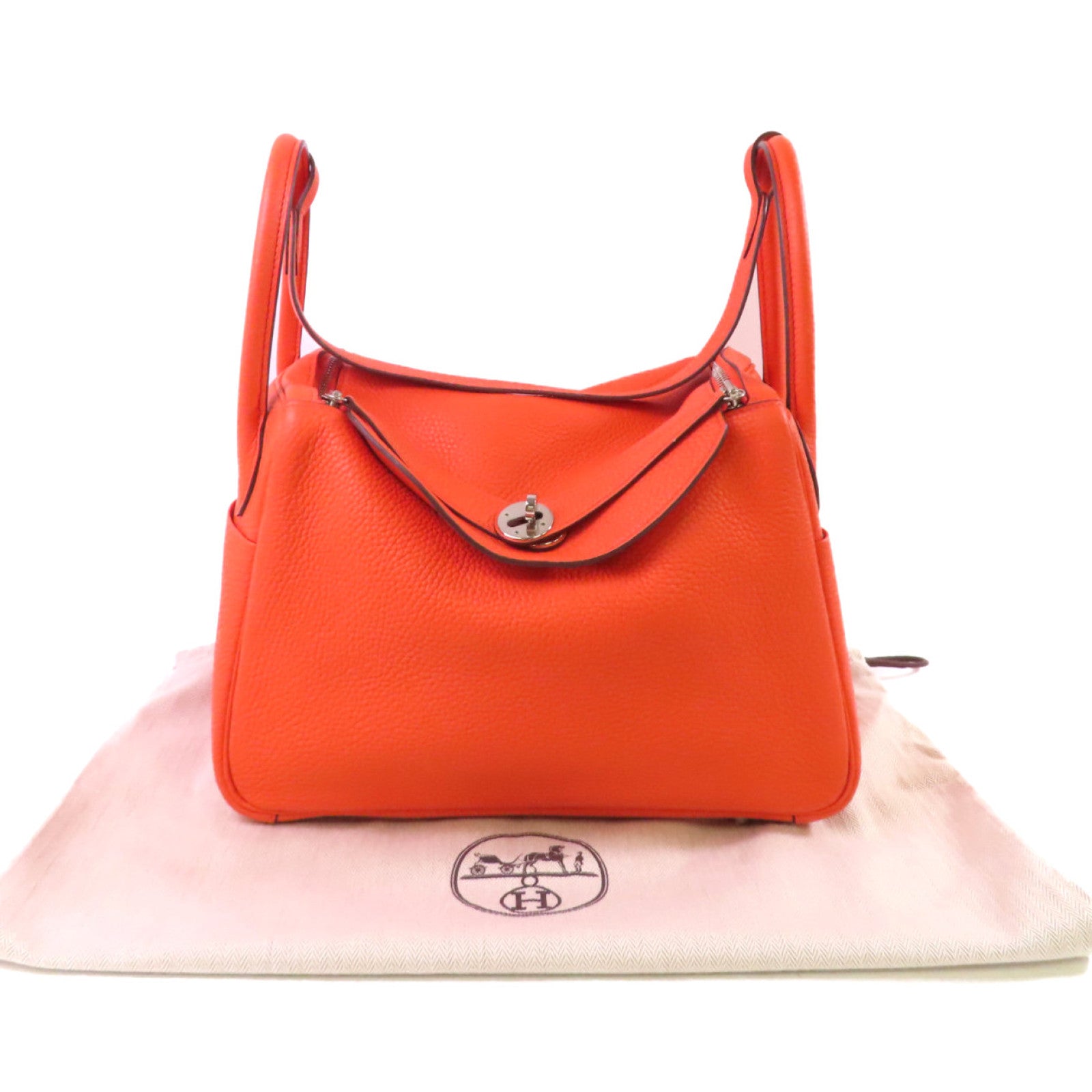 HERMES Clemence皮革Lindy 30 Shoulder Bag銀扣肩背袋8V Orange Poppy/罌粟花橘色