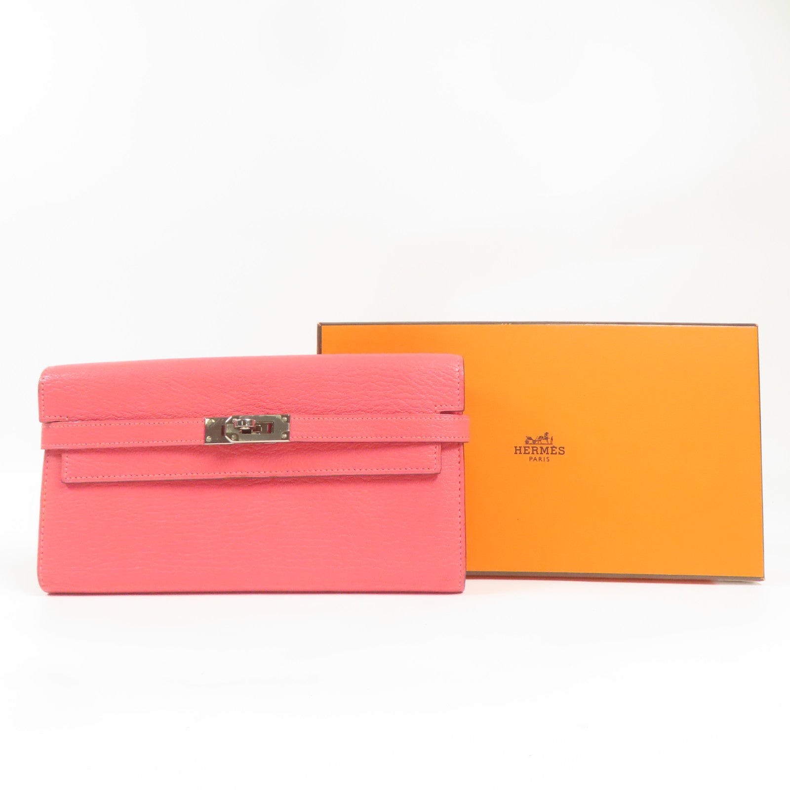 HERMES Chevre皮革Kelly Wallet銀扣長錢包Rose Lipstick