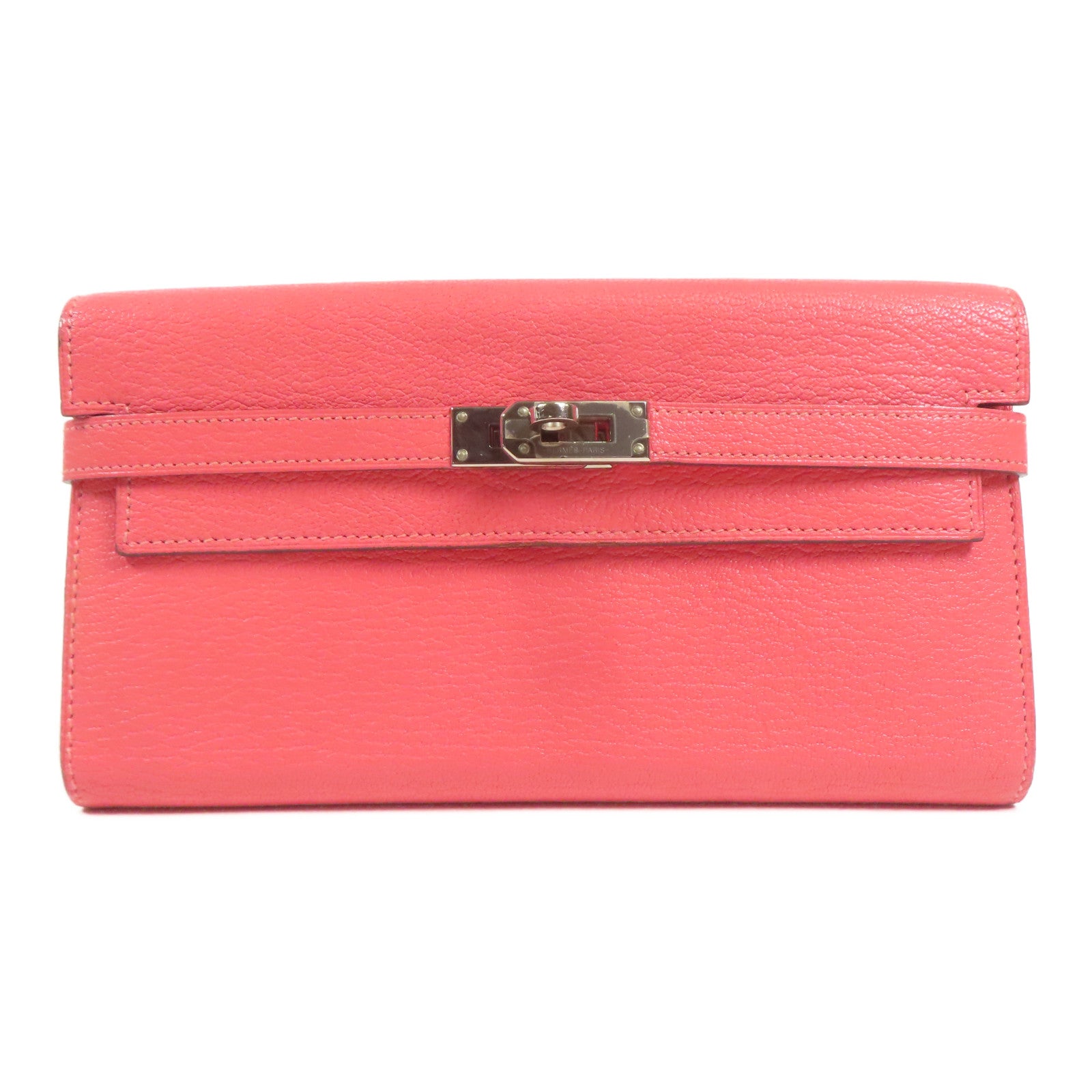 HERMES Chevre皮革Kelly Wallet銀扣長錢包Rose Lipstick