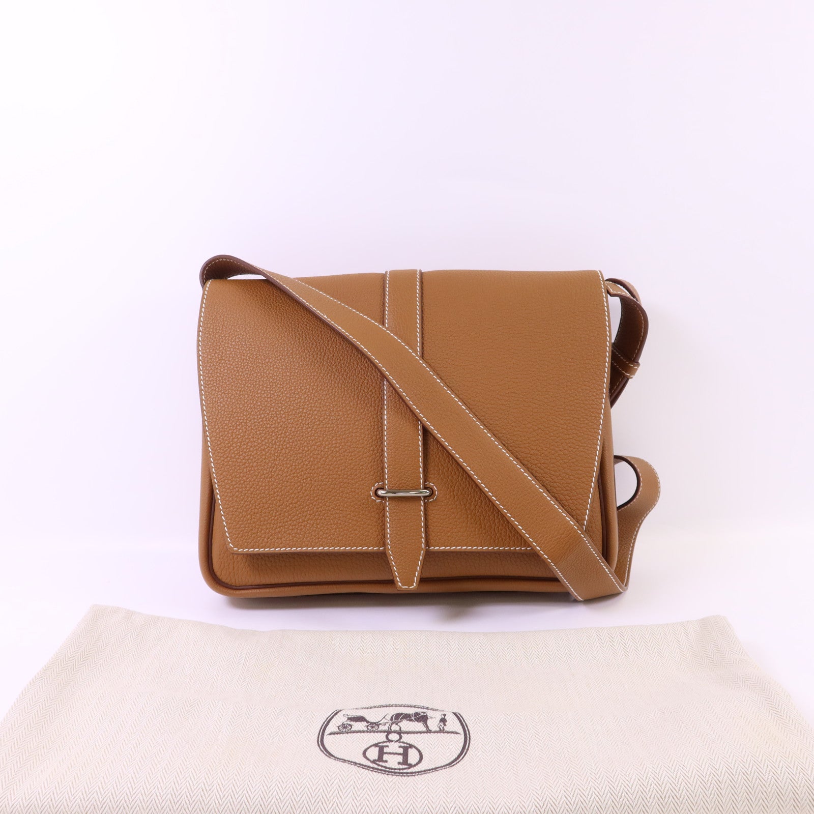 HERMES 【激減優惠】Togo皮革Steve Light Junior銀扣肩背袋Gold