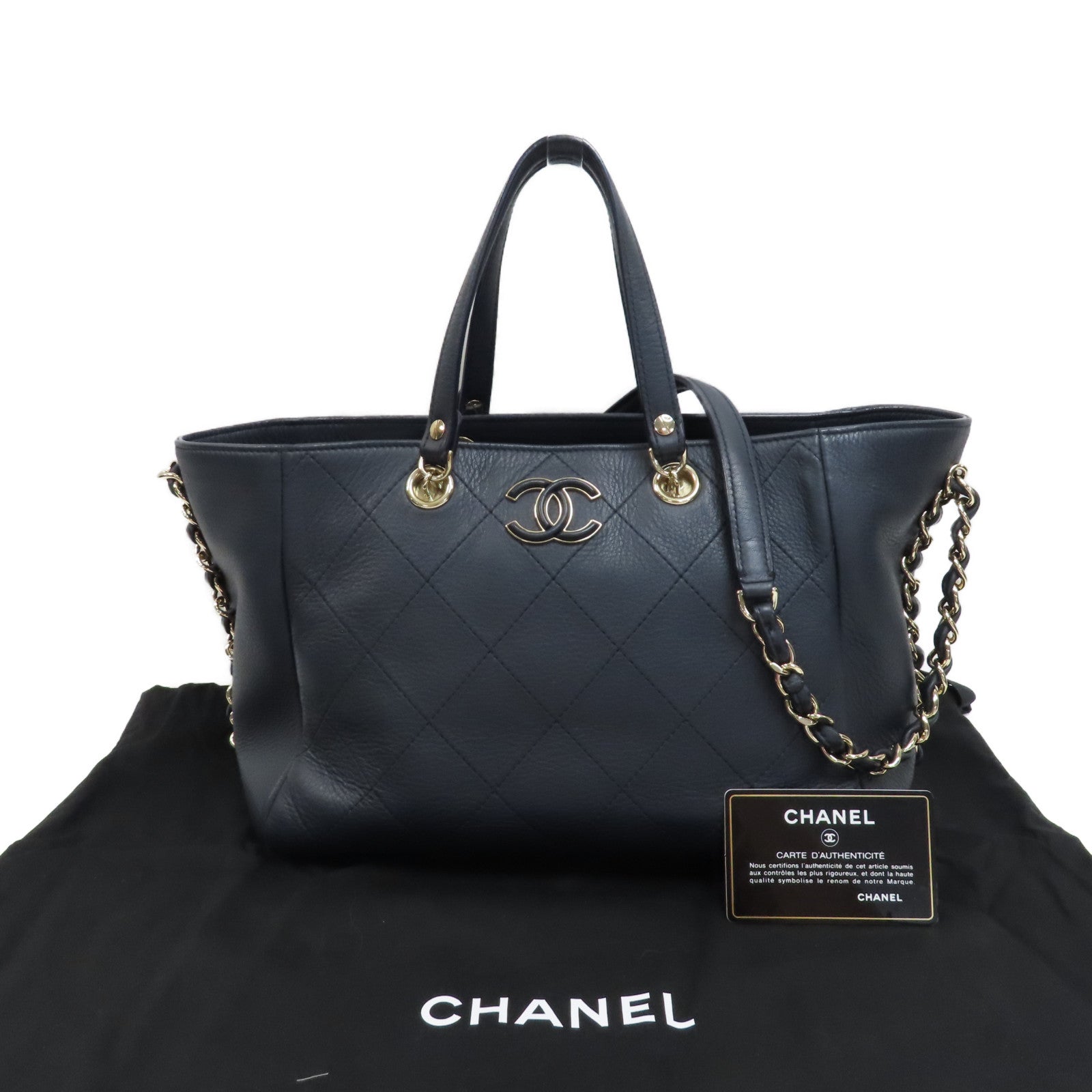 CHANEL 菱格牛皮皮革Shopping Tote銀扣手挽肩背兩用袋深藍色