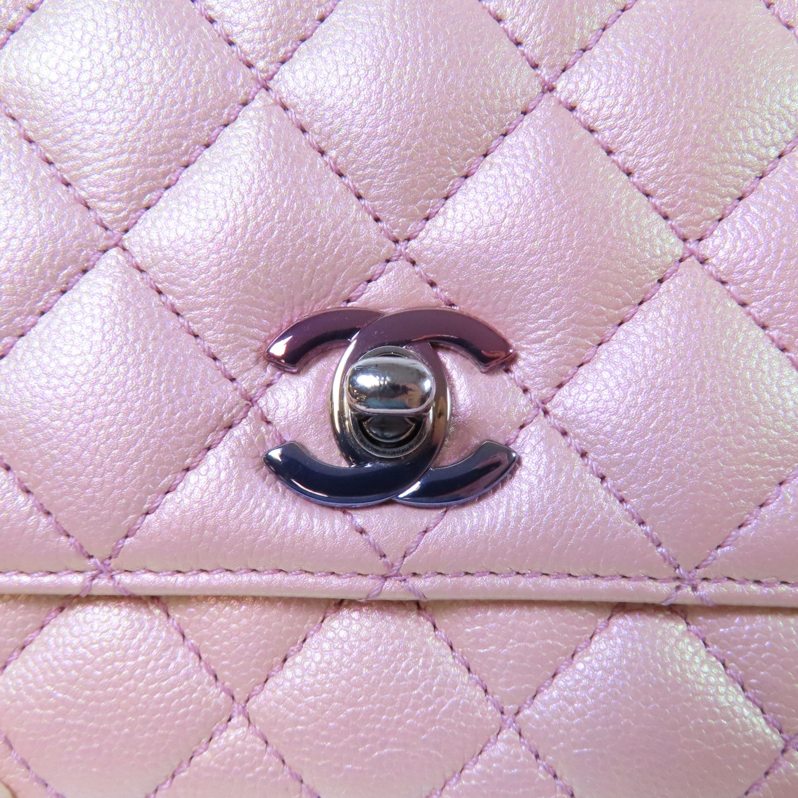 CHANEL 菱格Caviar皮革Mini Coco Handle銀扣鏈帶手挽肩背兩用袋粉紅色
