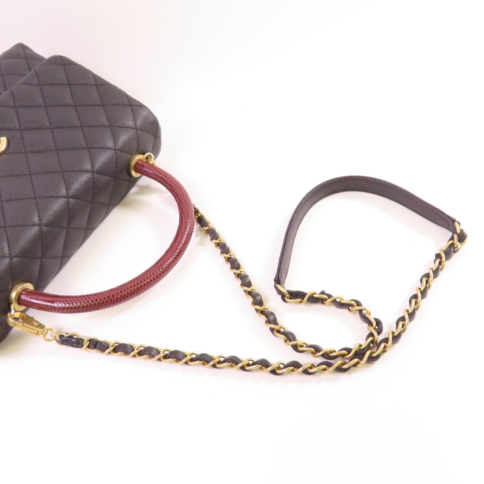CHANEL 牛皮皮革Coco Handle Medium Chain 2Way Shoulder Bag金扣鏈帶手挽肩背兩用袋